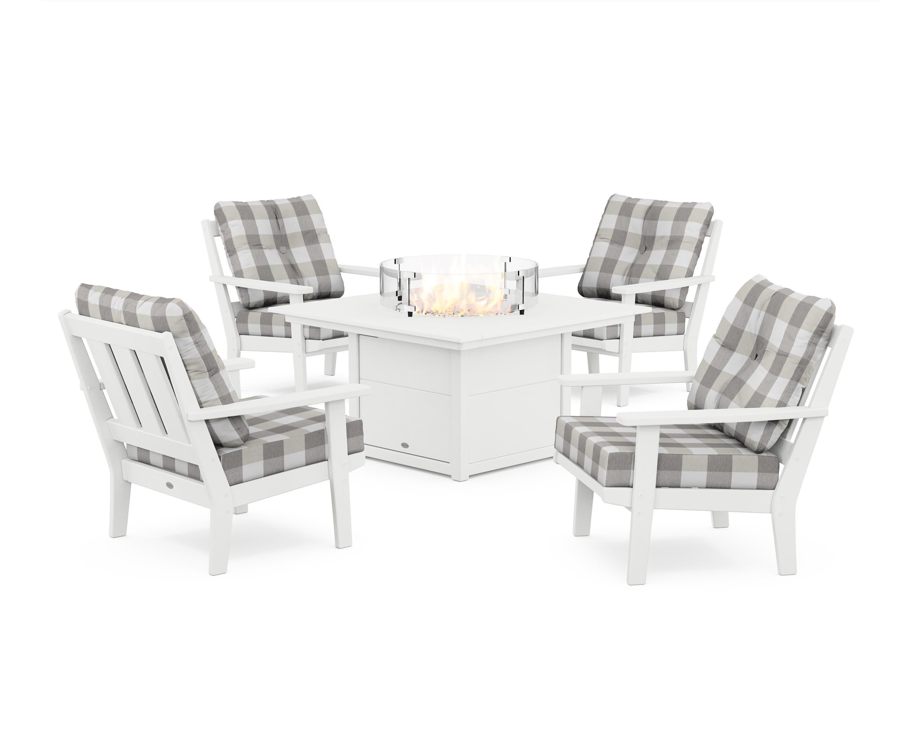 Oxford 5-Piece Deep Seating Set with Fire Pit Table in White / Buffalo Plaid Grey Mist