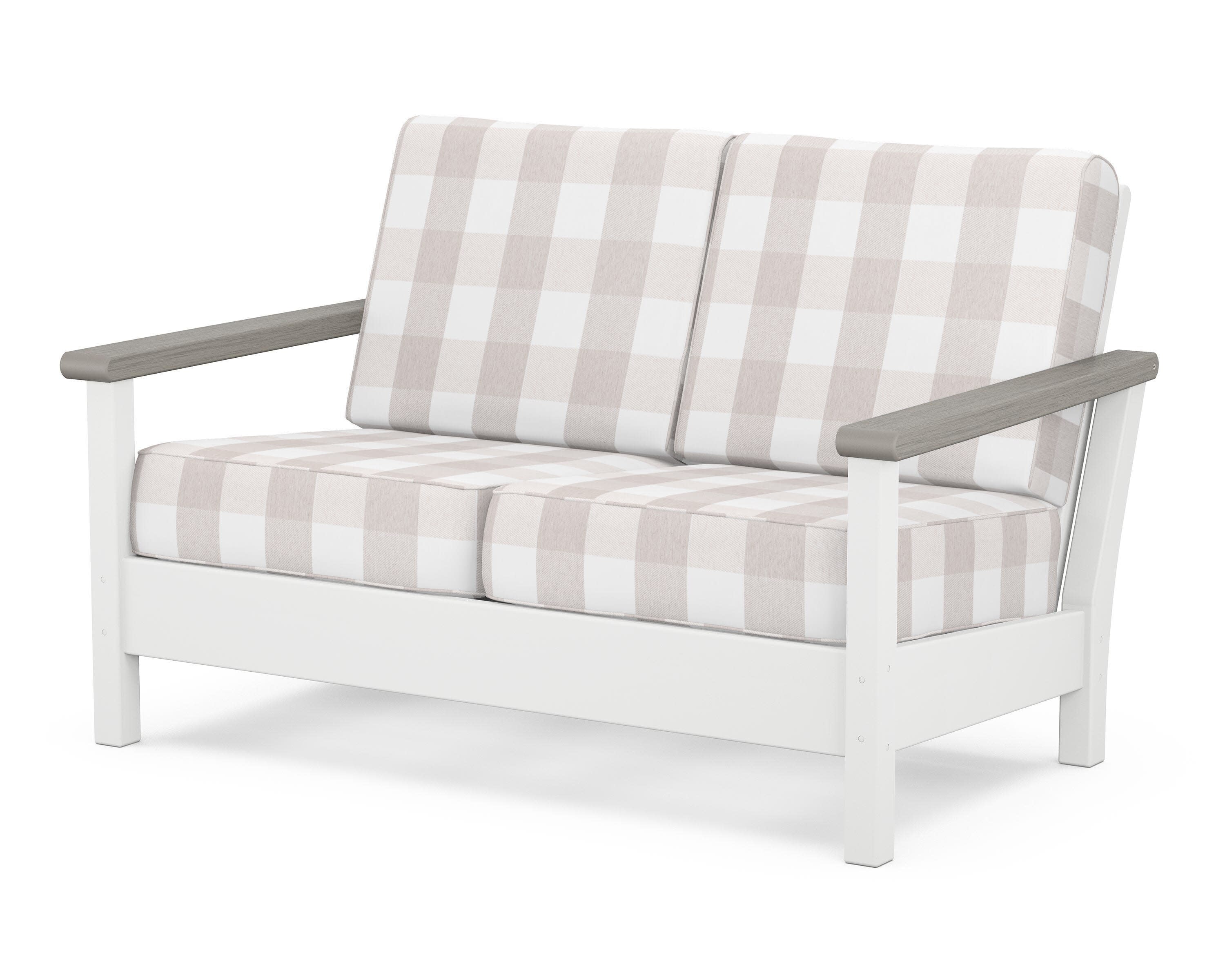 Harbour Deep Seating Loveseat in White / Driftwood / Buffalo Plaid Dune Burlap