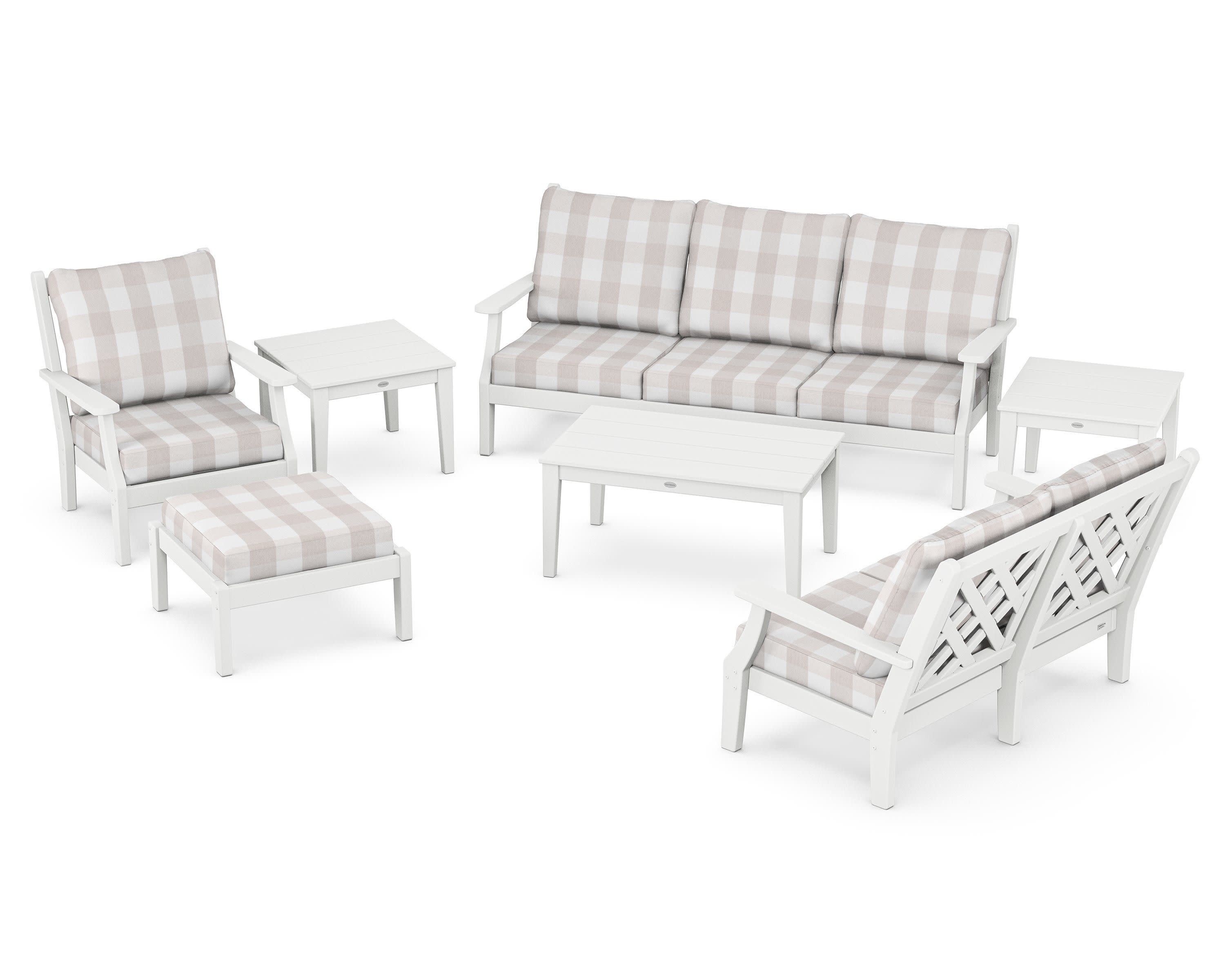 Wovendale 7-Piece Deep Seating Set in White / Buffalo Plaid Dune Burlap
