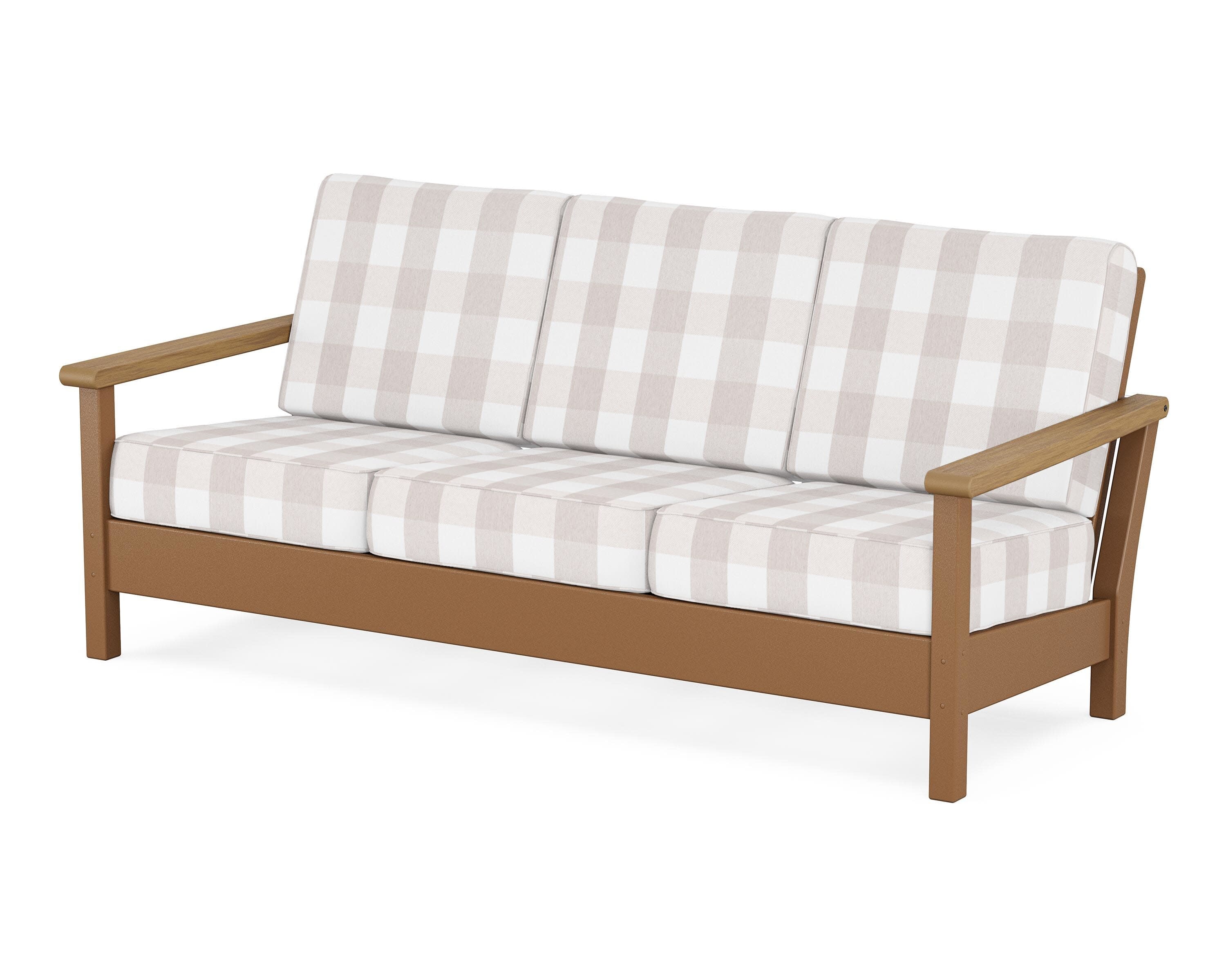 Harbour Deep Seating Sofa in Teak / Natural / Buffalo Plaid Dune Burlap