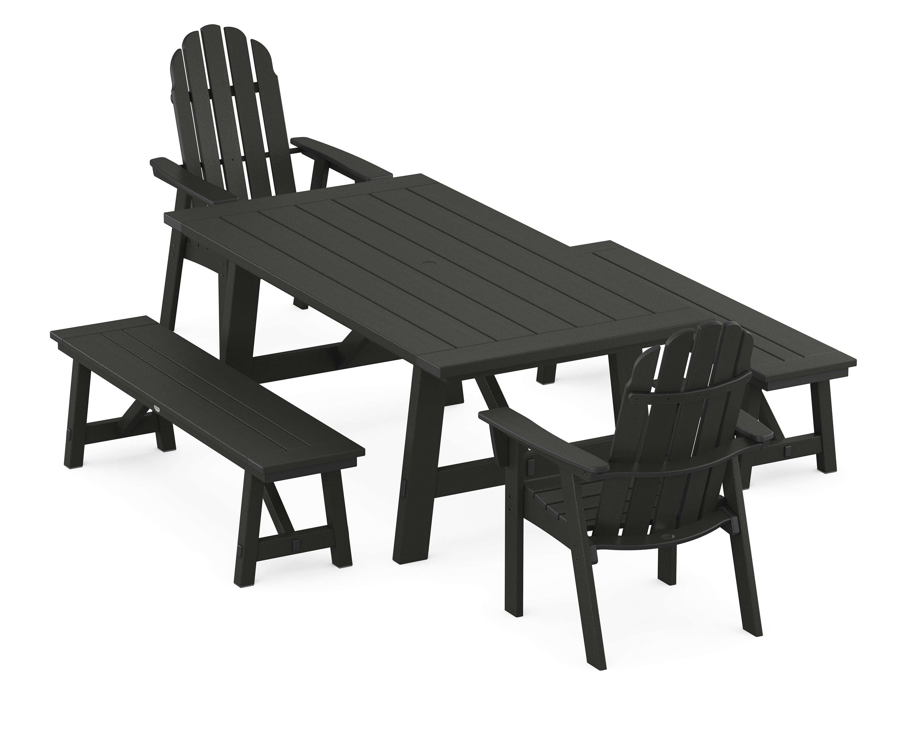 Vineyard Curveback Adirondack 5-Piece Rustic Farmhouse Dining Set With Benches in Black