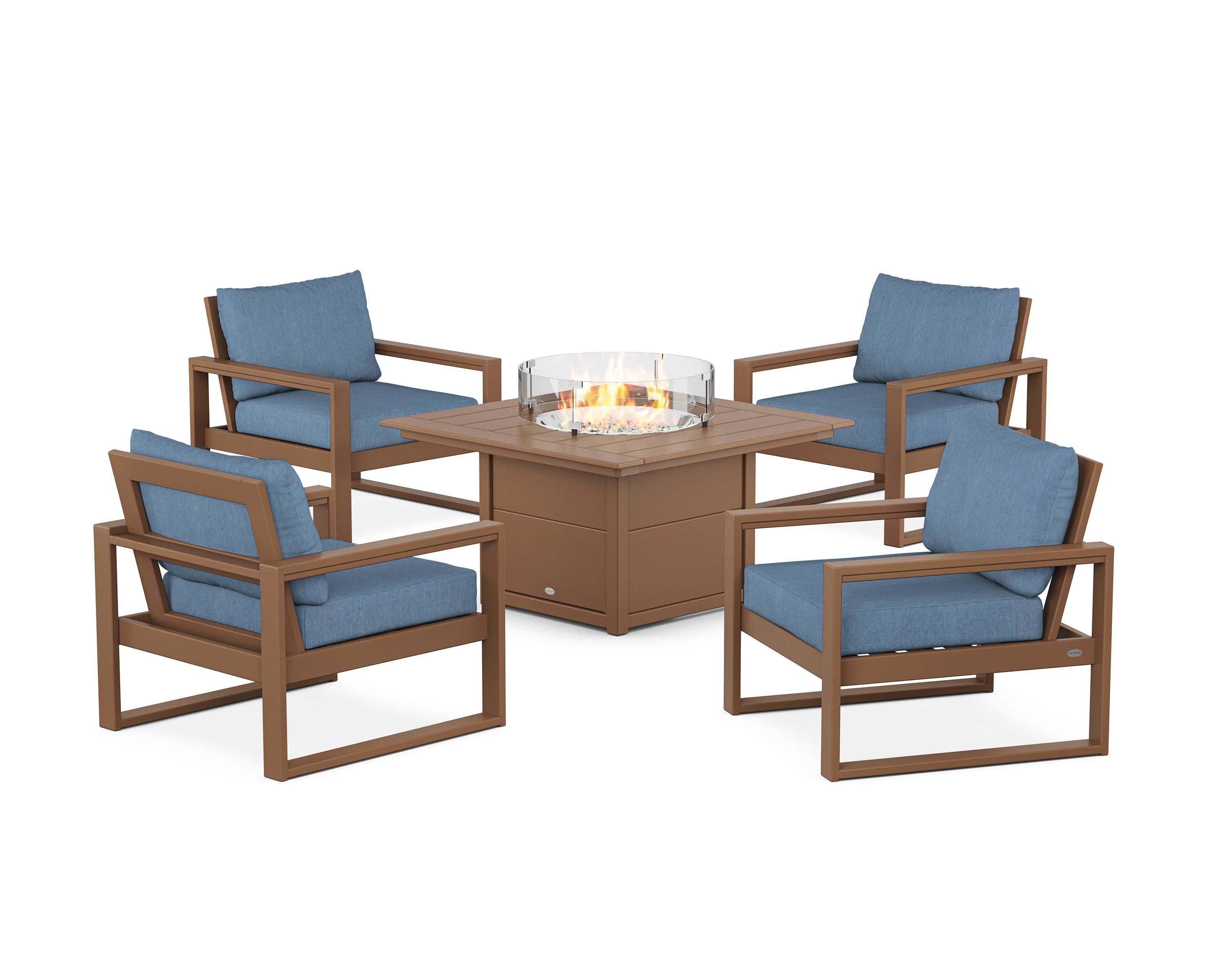 EDGE Sectional 5-Piece Deep Seating Set with Fire Pit Table in Teak / Sky Blue