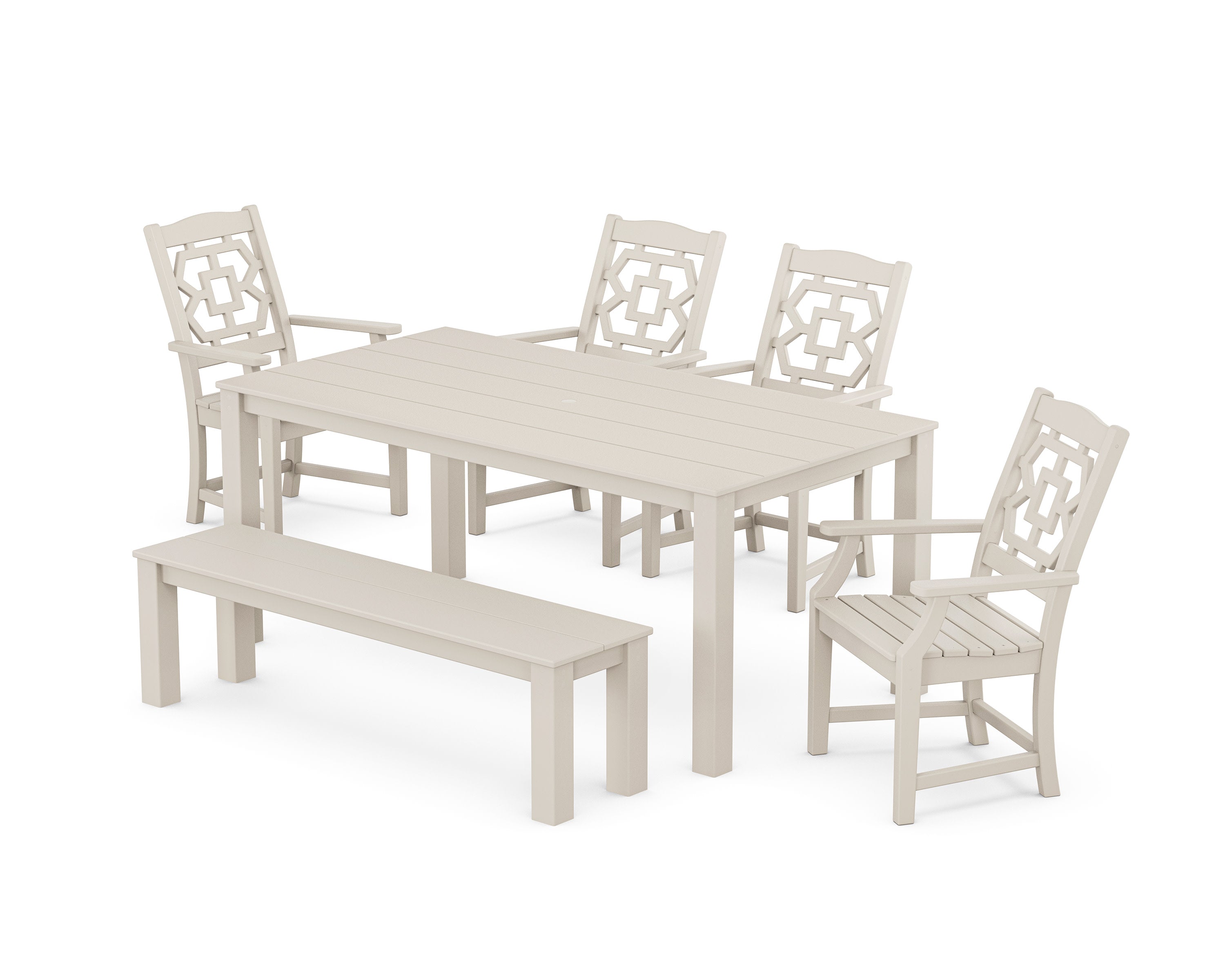 Chinoiserie 6-Piece Parsons Dining Set with Bench in Sand