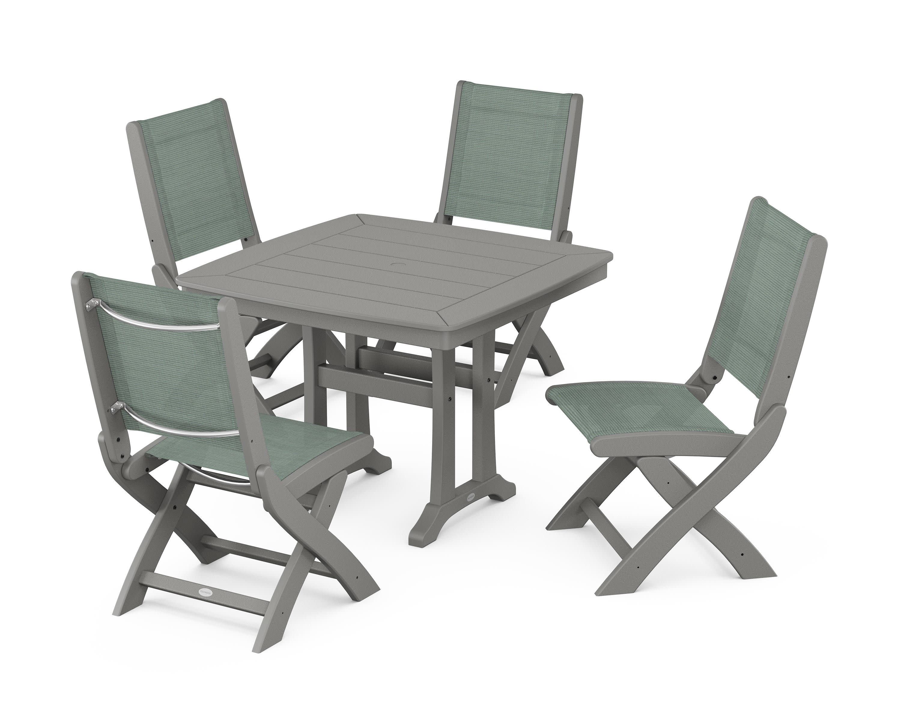 Coastal Folding Side Chair 5-Piece Dining Set with Trestle Legs in Slate Grey / Dupioni Sea Mist Sling