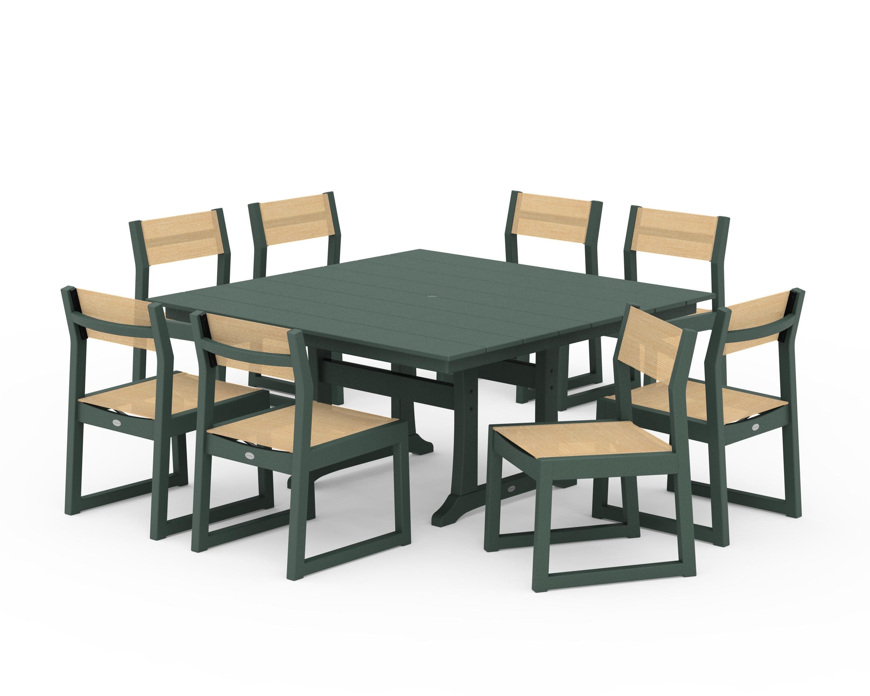 EDGE Sling Side Chair 9-Piece Farmhouse Trestle Dining Set in Green / Dupioni Apricot Sling
