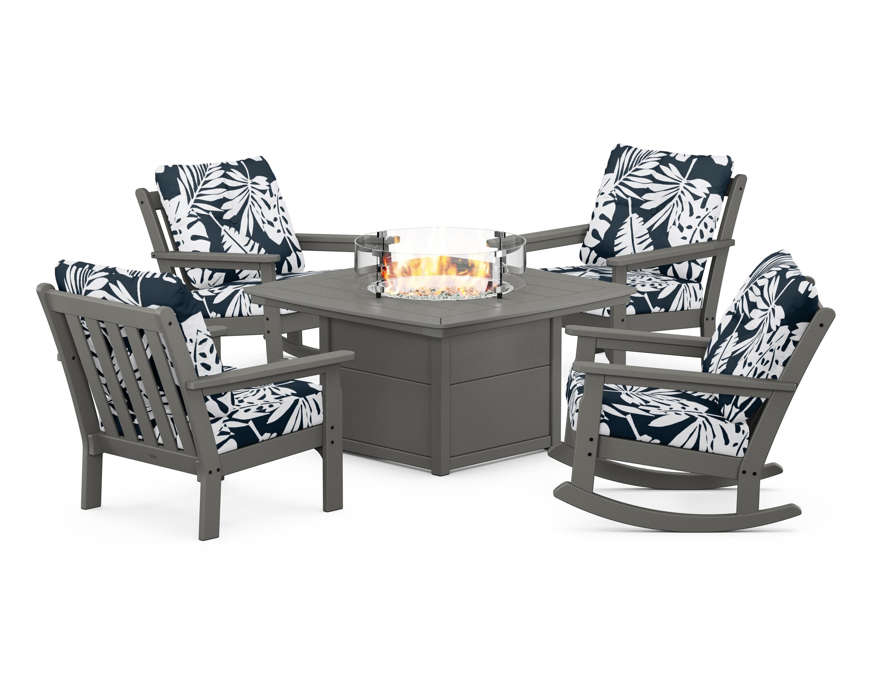 Vineyard 5-Piece Deep Seating Rocking Chair Conversation Set with Fire Pit Table in Slate Grey / Leaf Marine Indigo