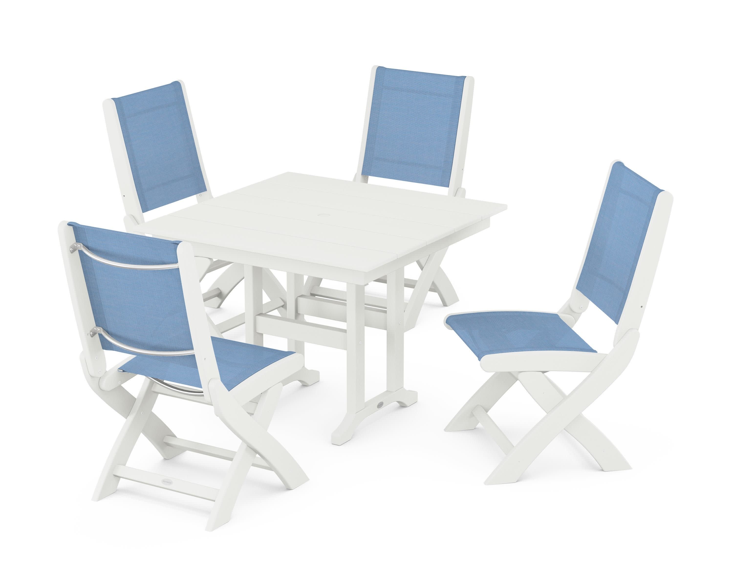 Coastal Folding Side Chair 5-Piece Farmhouse Dining Set in Vintage White / Poolside Sling