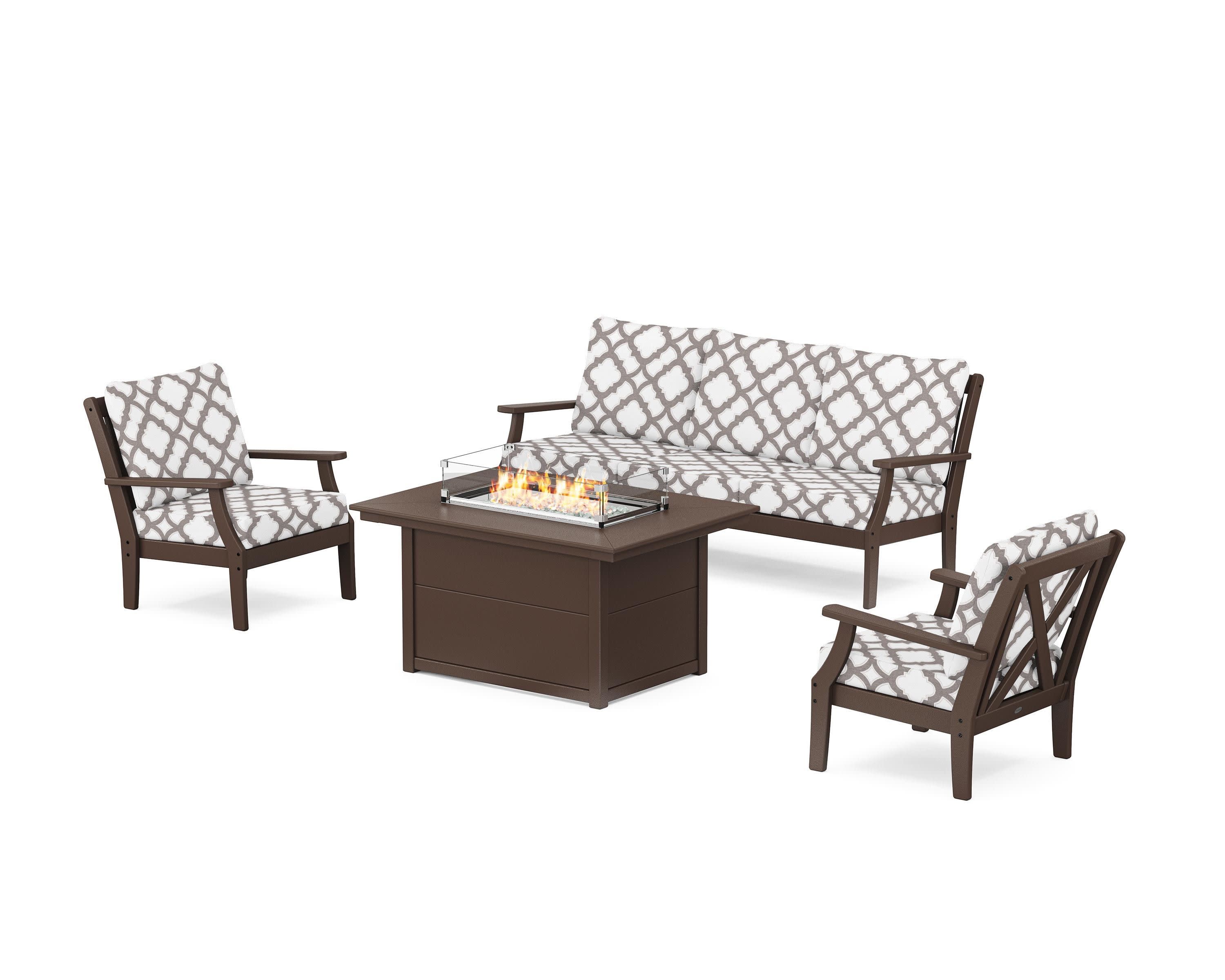 Braxton Deep Seating Fire Pit Table Set in Mahogany / Trellis Grey Mist