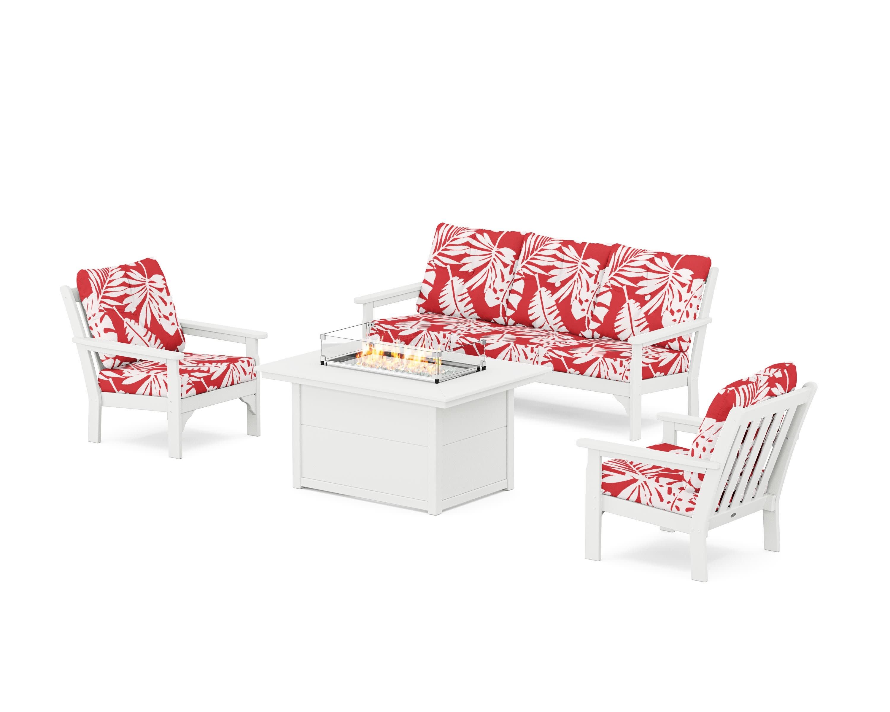 Vineyard Deep Seating Fire Pit Table Set in White / Leaf Crimson