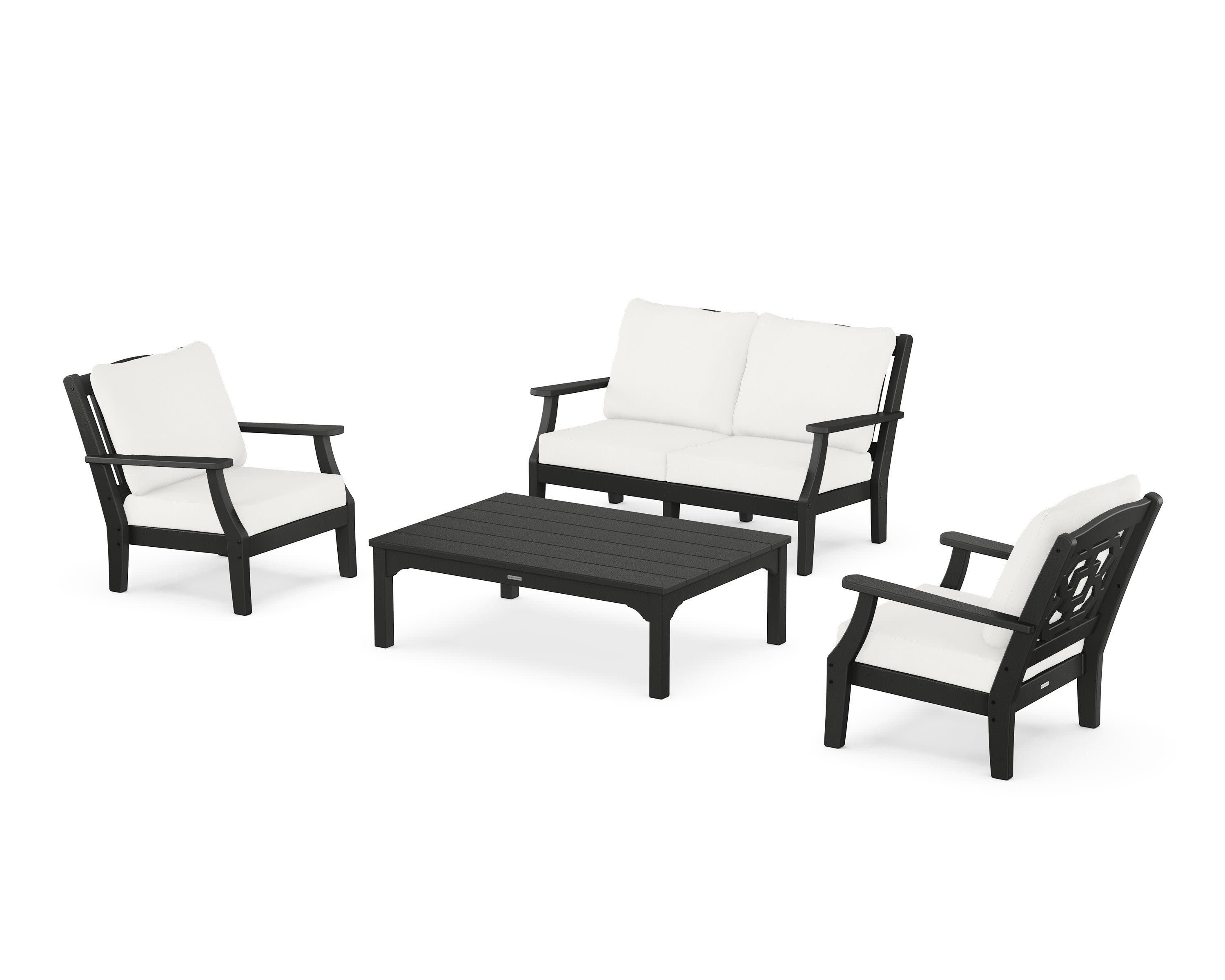 Chinoiserie 4-Piece Deep Seating Set with Loveseat in Black / Natural Linen