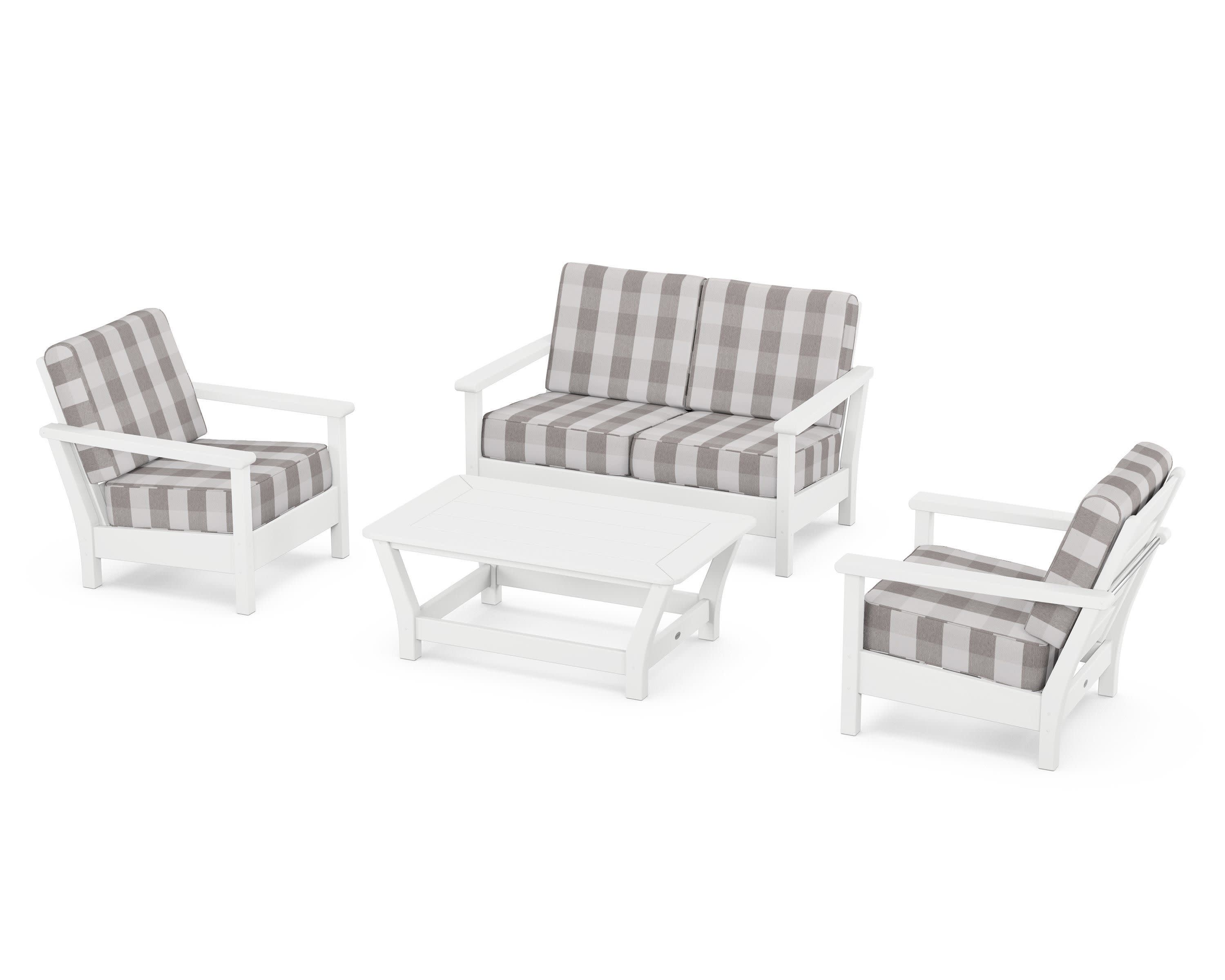 Harbour 4-Piece Deep Seating Set in White / Buffalo Plaid Grey Mist