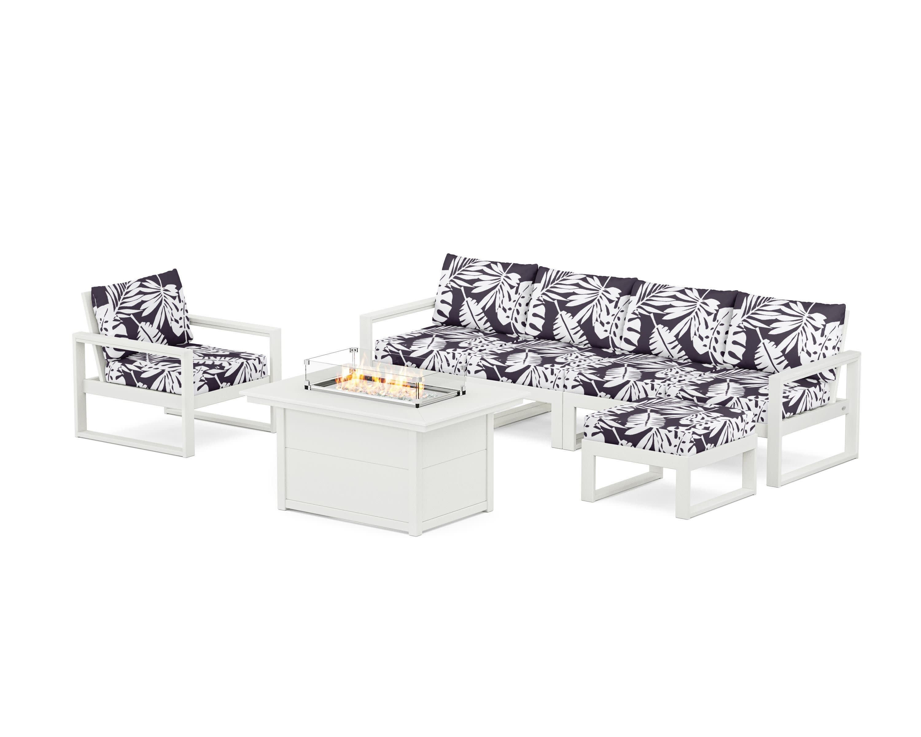 EDGE Sectional Lounge and Fire Pit Set in Vintage White / Leaf Navy
