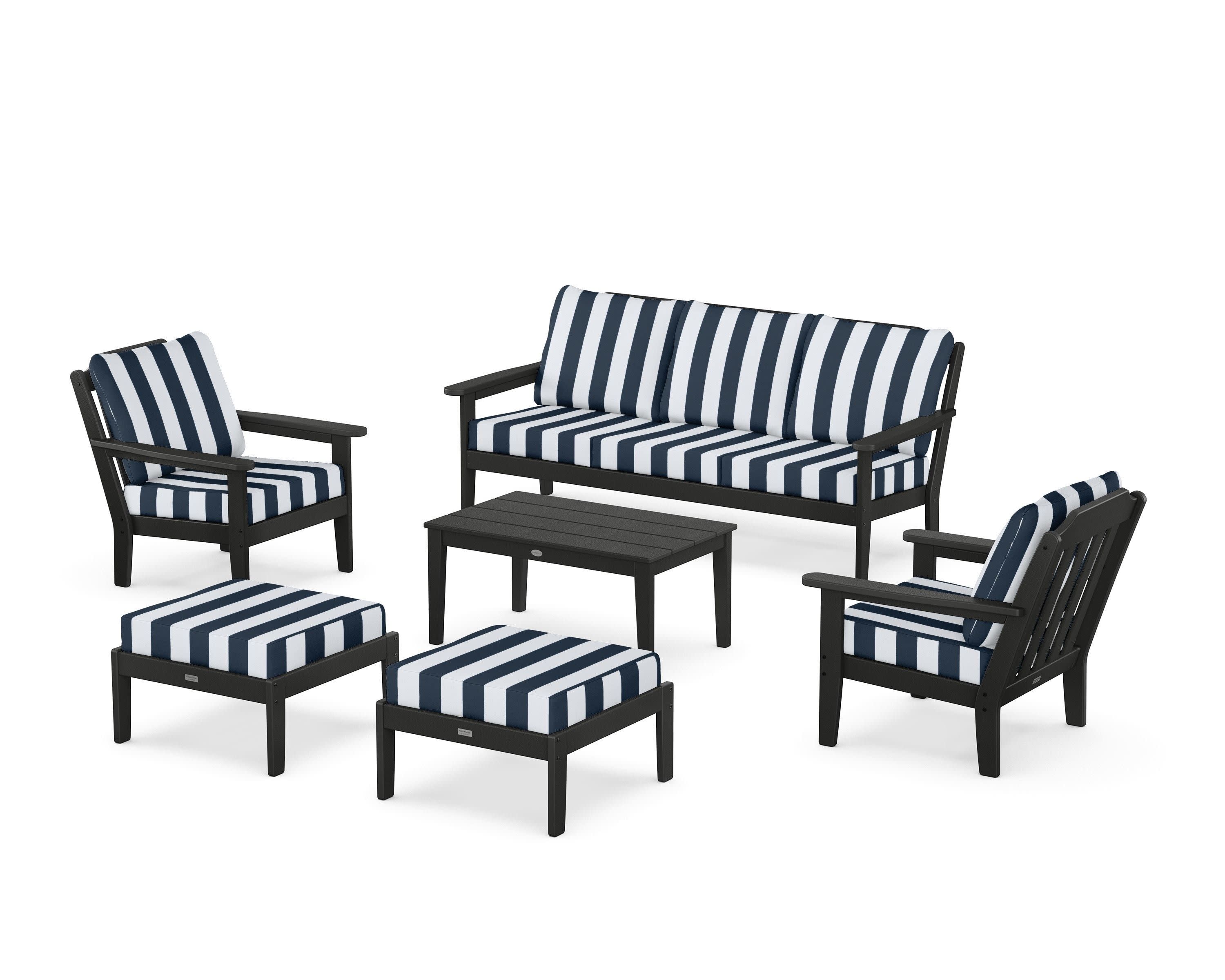 Cottage 6-Piece Lounge Sofa Set in Black / Cabana Stripe Marine Indigo