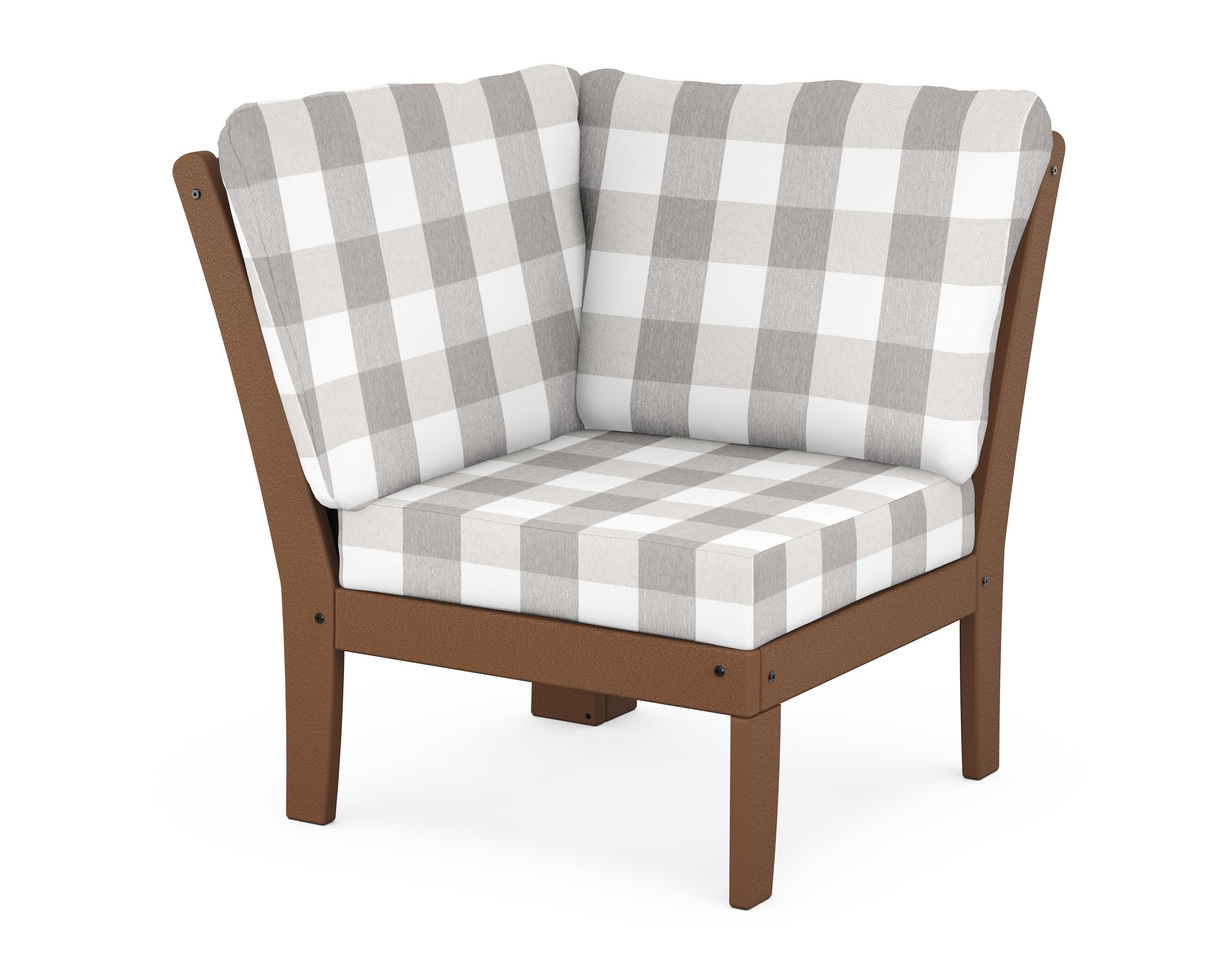 Braxton Modular Corner Chair in Teak / Buffalo Plaid Grey Mist