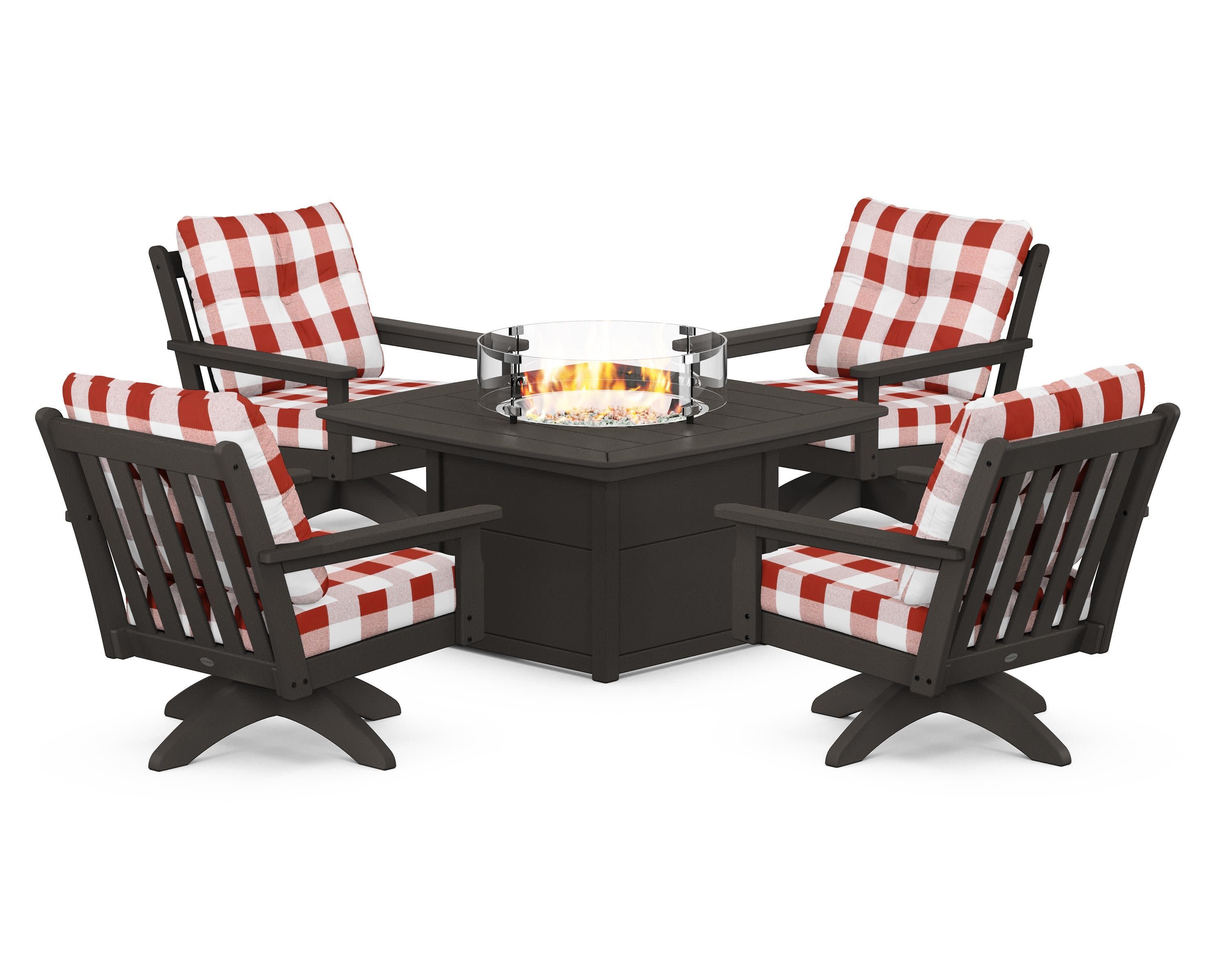 Vineyard 5-Piece Deep Seating Swivel Conversation Set with Fire Pit Table in Vintage Coffee / Buffalo Plaid Crimson