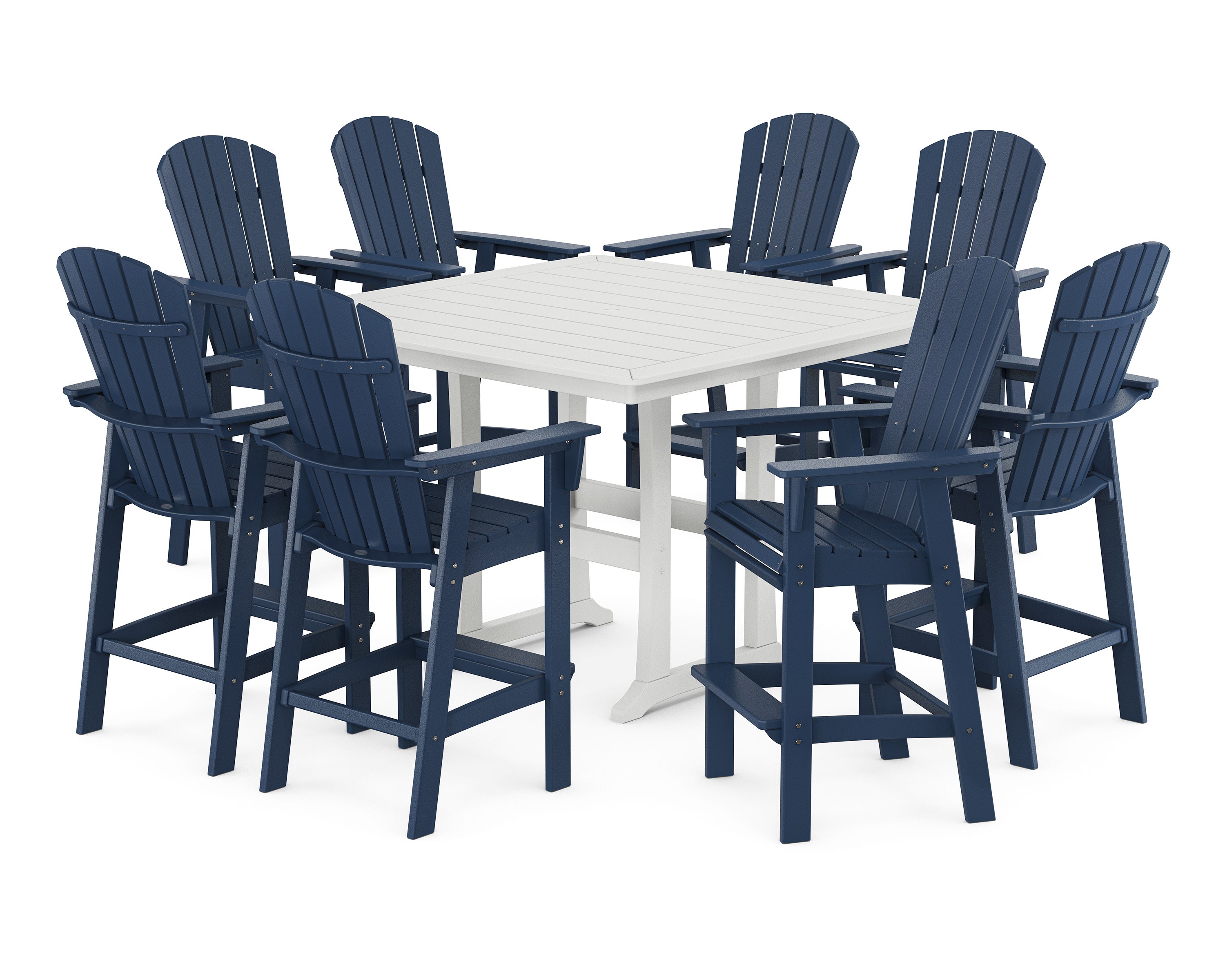 Nautical Curveback Adirondack 9-Piece Trestle Bar Set in Navy / White