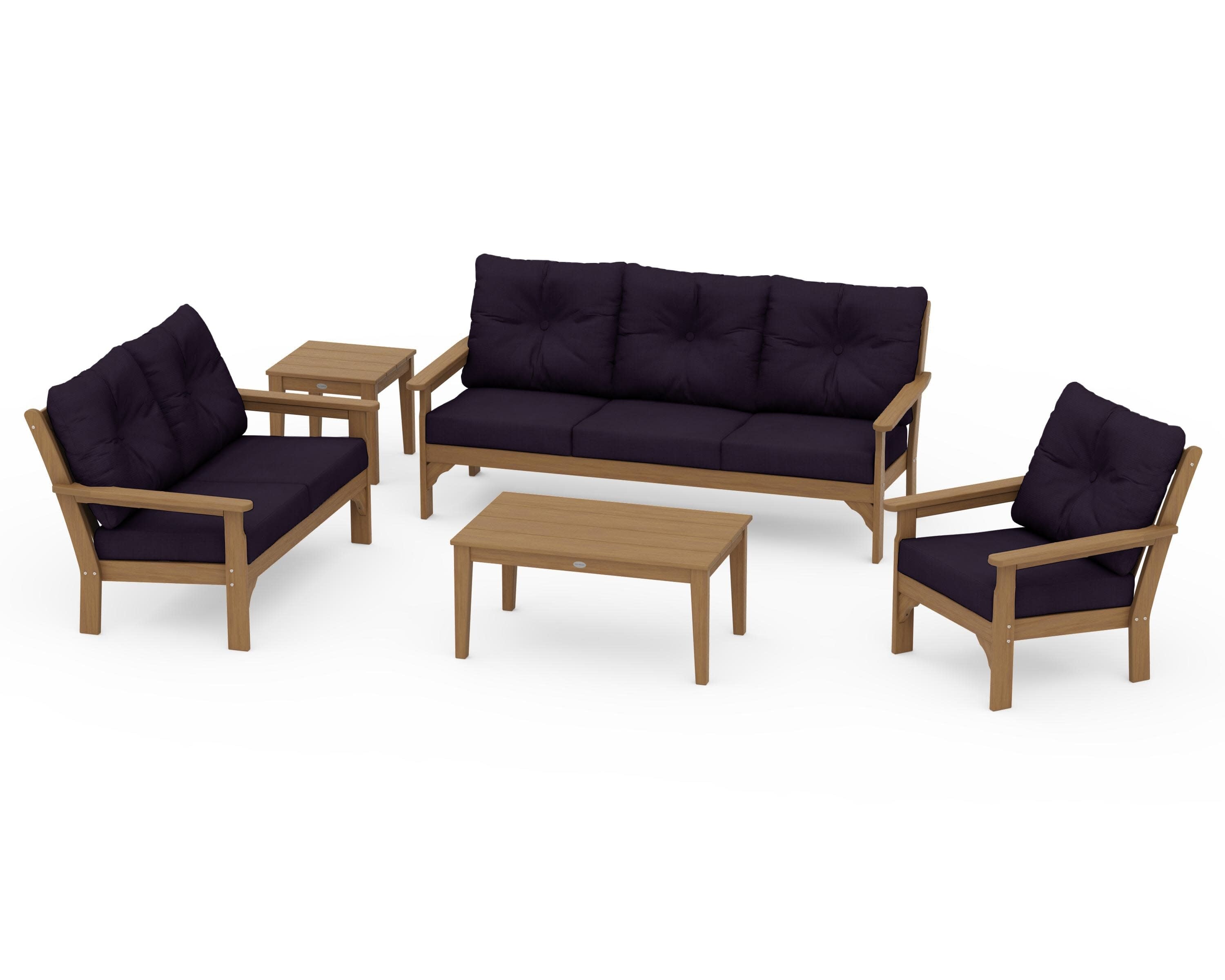 Vineyard 5 Piece Deep Seating Set in Natural / Navy Linen