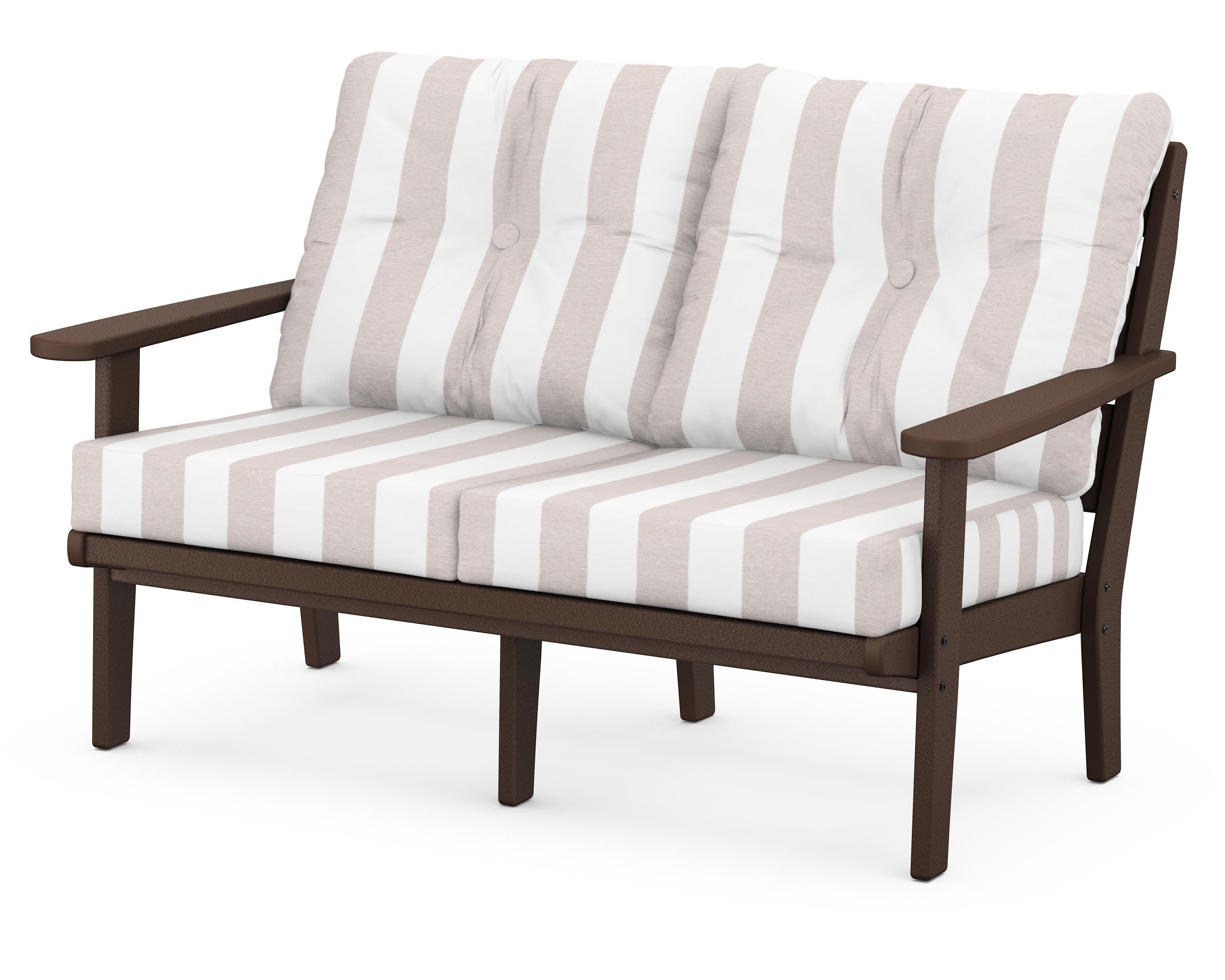 Lakeside Deep Seating Loveseat in Mahogany / Cabana Stripe Dune Burlap