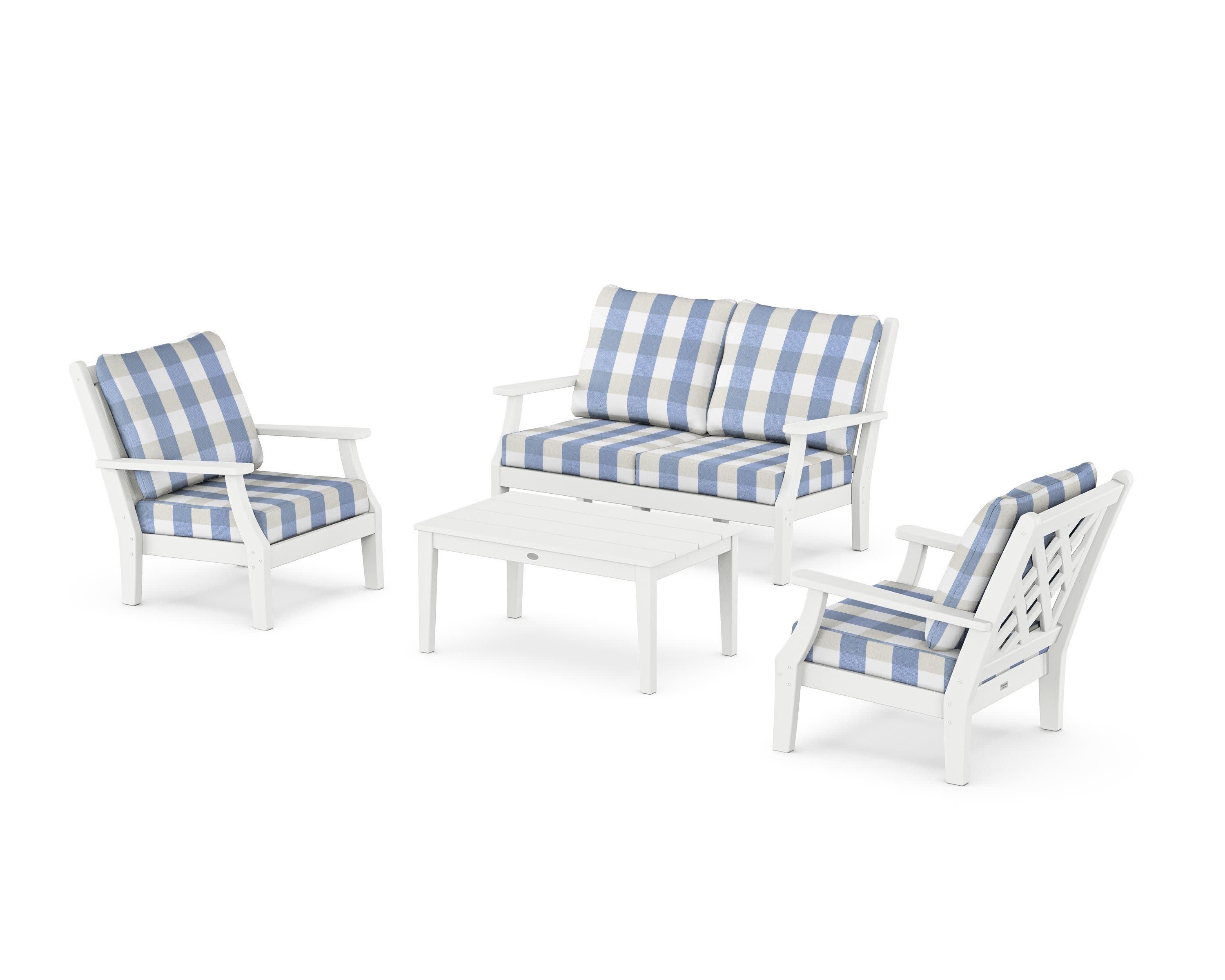 Wovendale 4-Piece Deep Seating Set with Loveseat in White / Buffalo Plaid Sky Blue