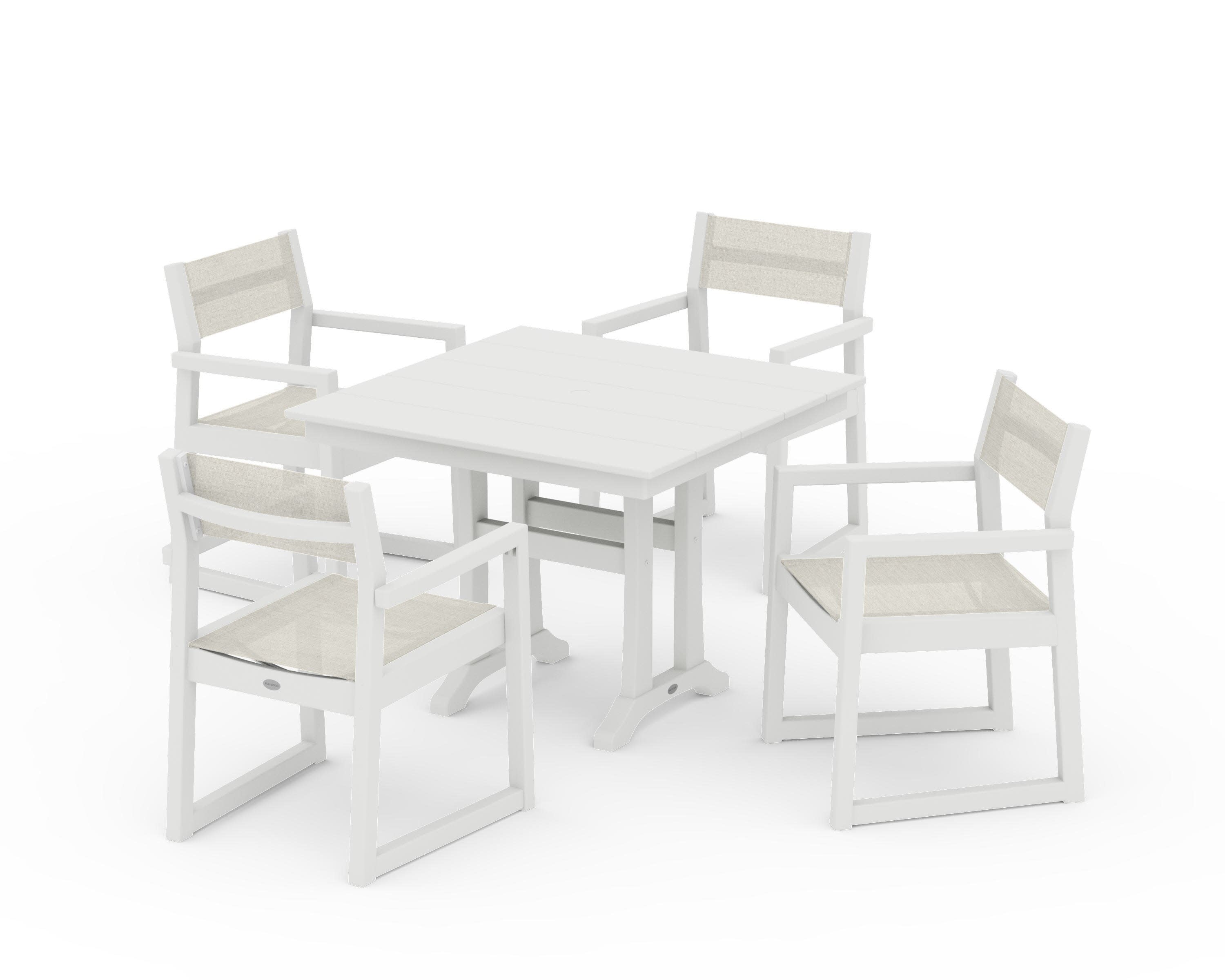 EDGE Sling 5-Piece Farmhouse Dining Set with Trestle Legs in Vintage White / Parchment Sling