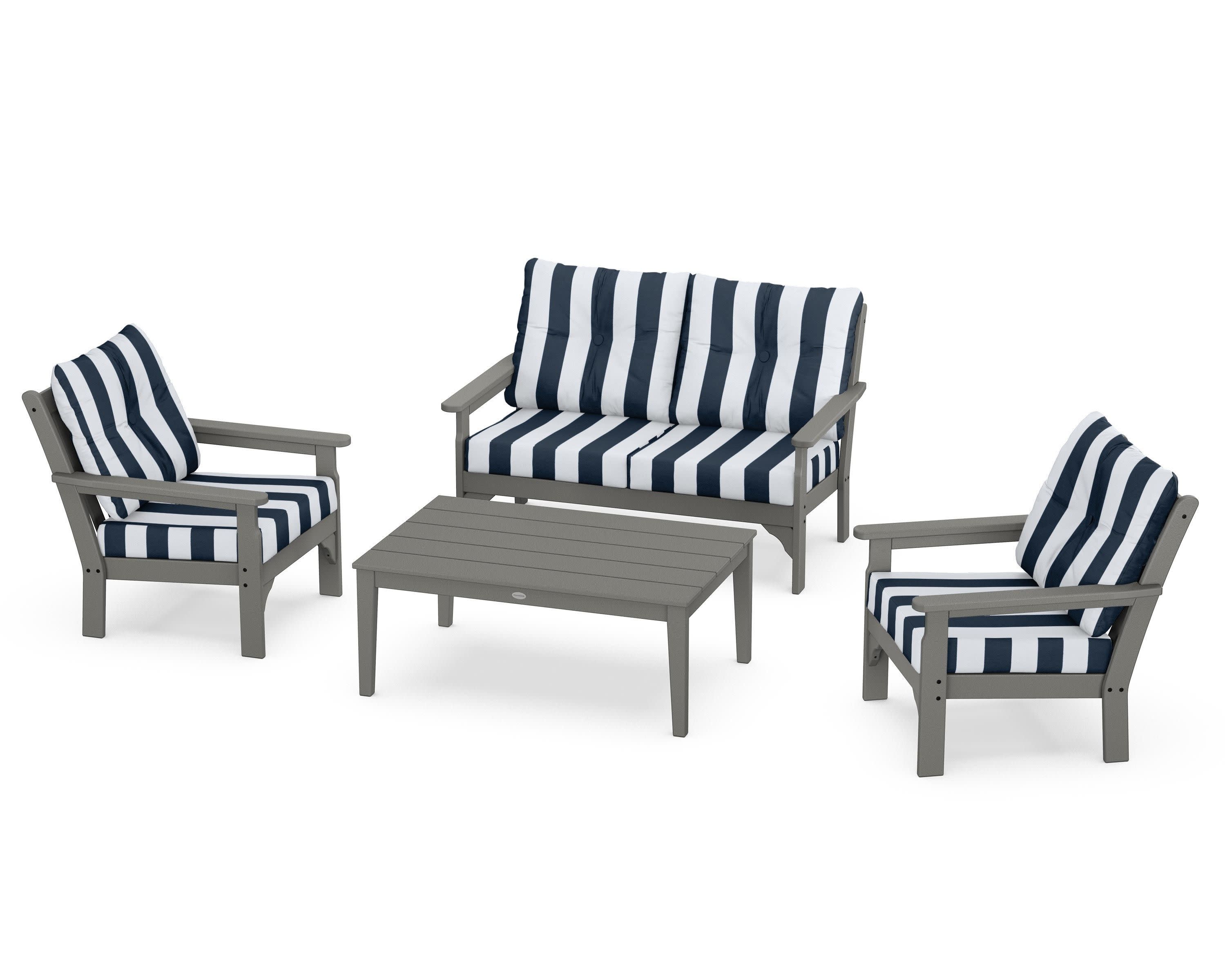 Vineyard 4-Piece Deep Seating Set in Slate Grey / Cabana Stripe Marine Indigo
