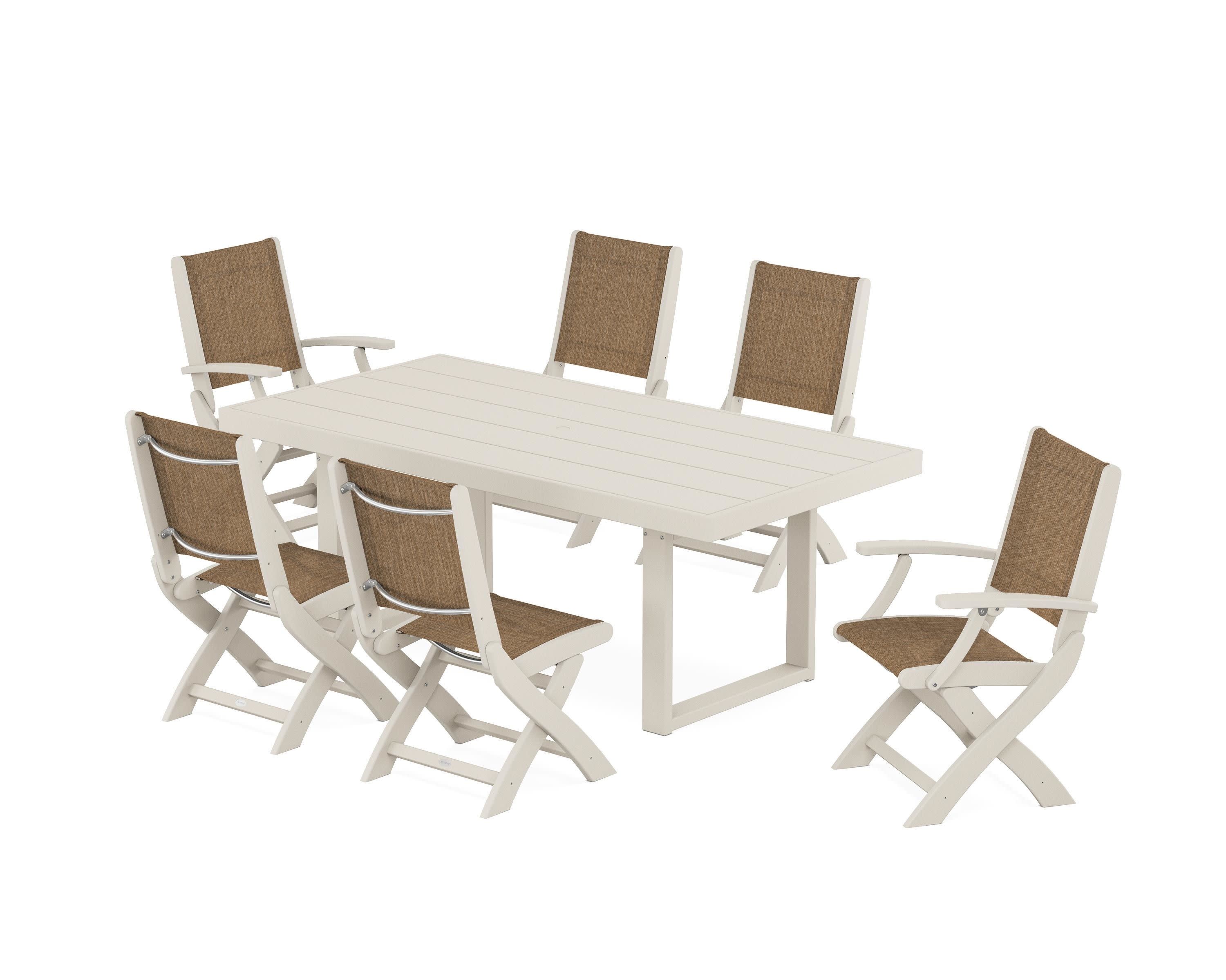 Coastal Folding Chair 7-Piece Dining Set with Trestle Legs in Sand / Burlap Sling
