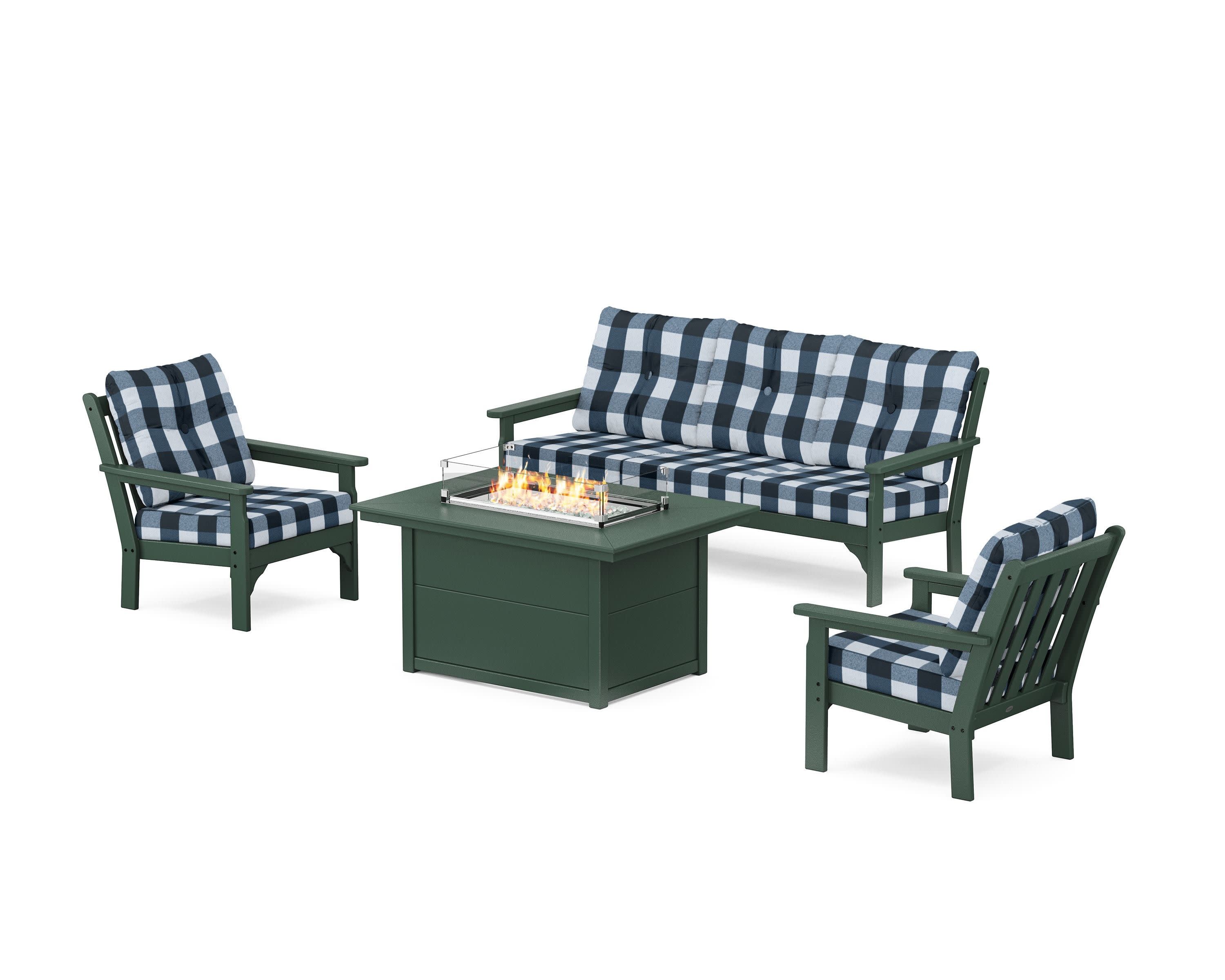 Vineyard Deep Seating Fire Pit Table Set in Green / Buffalo Plaid Marine Indigo