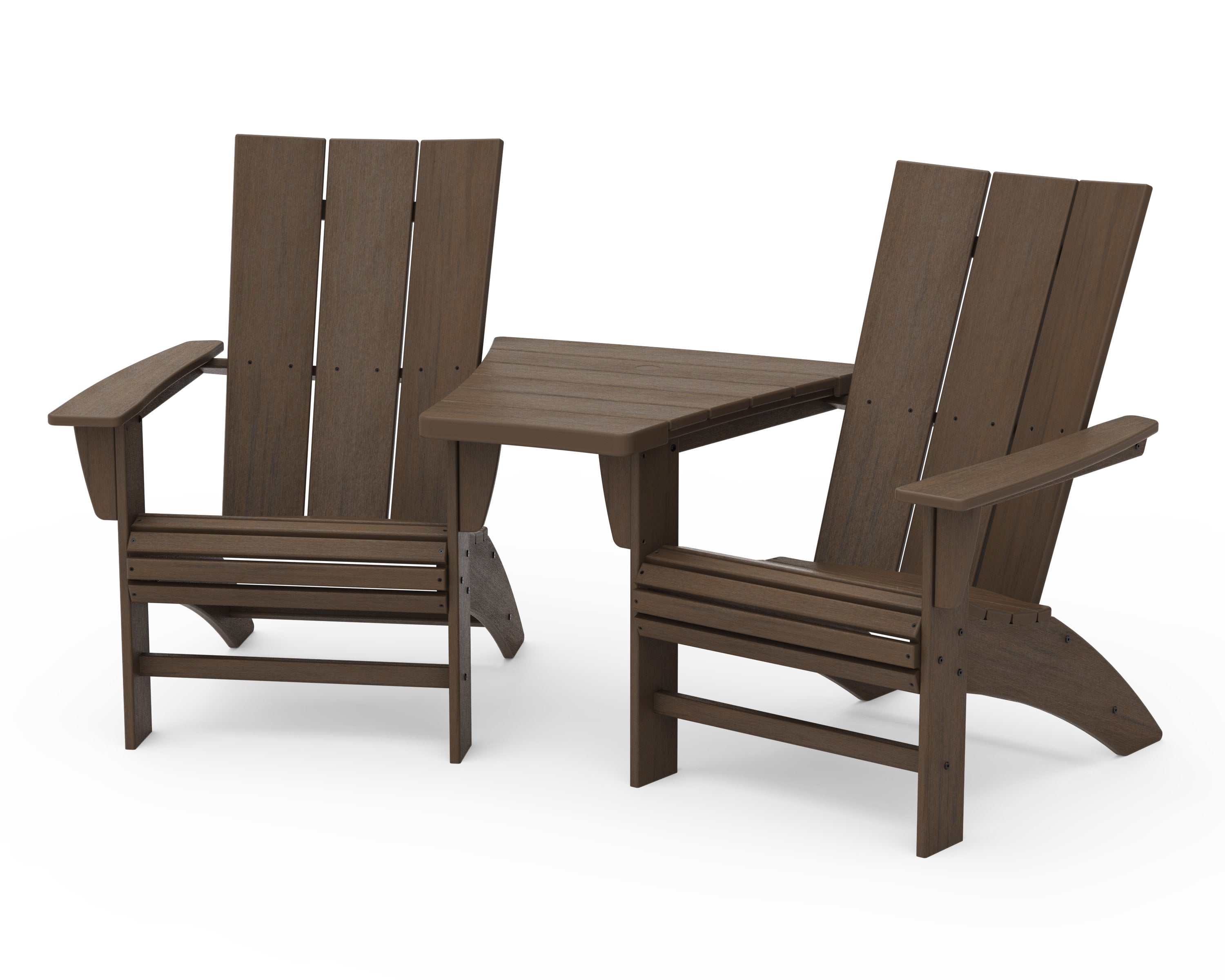Modern 3-Piece Curveback Adirondack Set with Angled Connecting Table in Kona