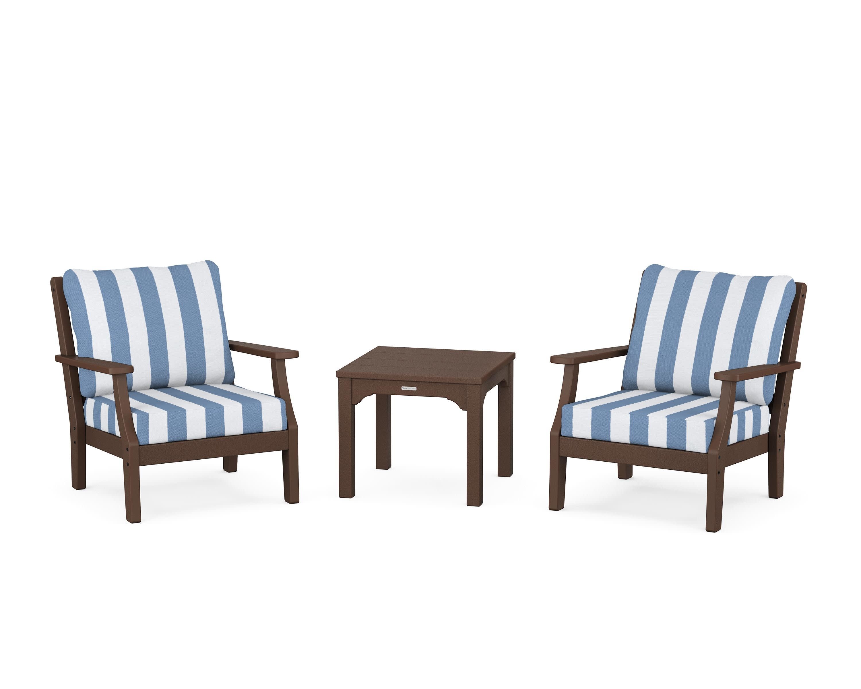 Chinoiserie 3-Piece Deep Seating Set in Mahogany / Cabana Stripe Sky Blue