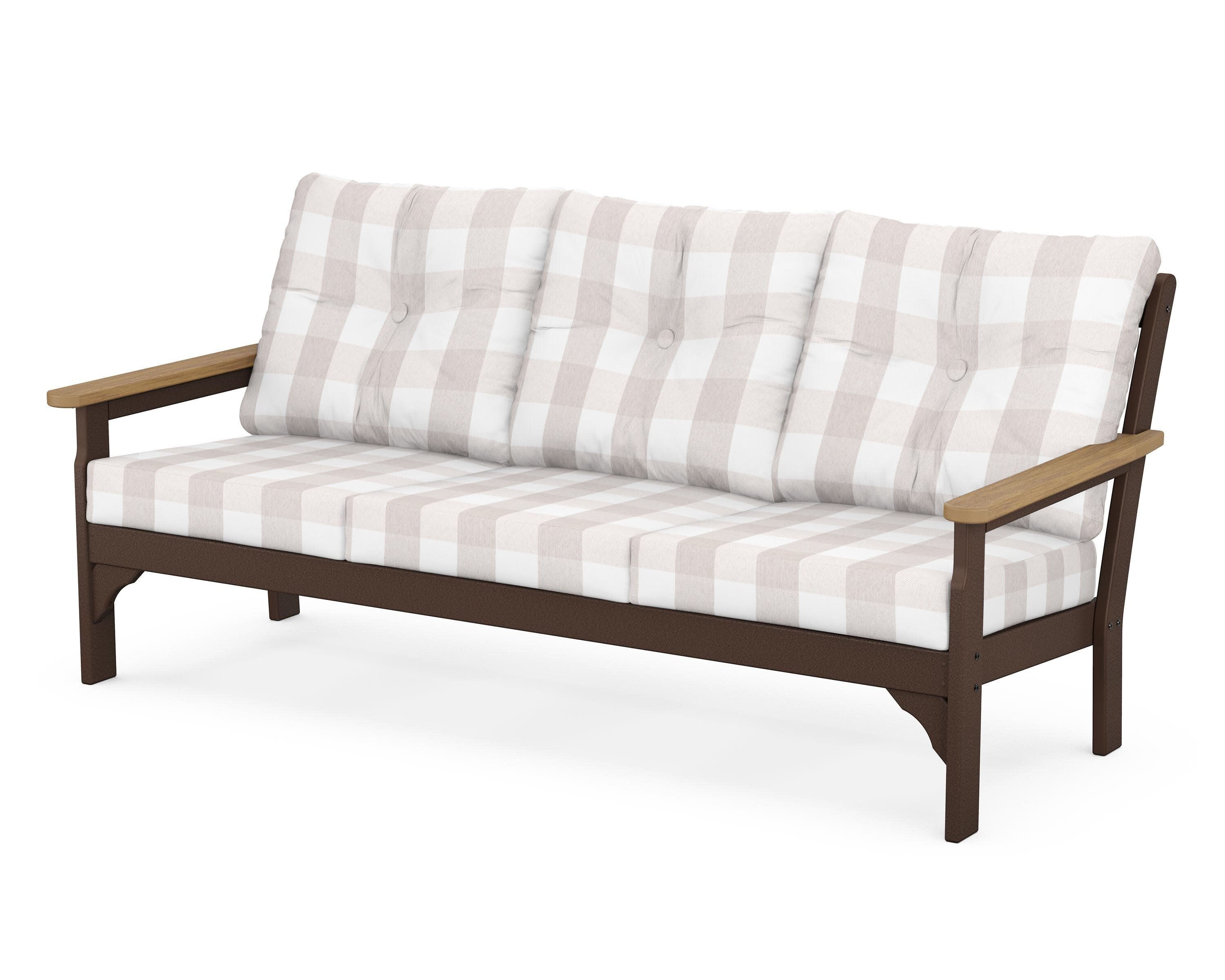 Vineyard Deep Seating Sofa in Mahogany / Natural / Buffalo Plaid Dune Burlap