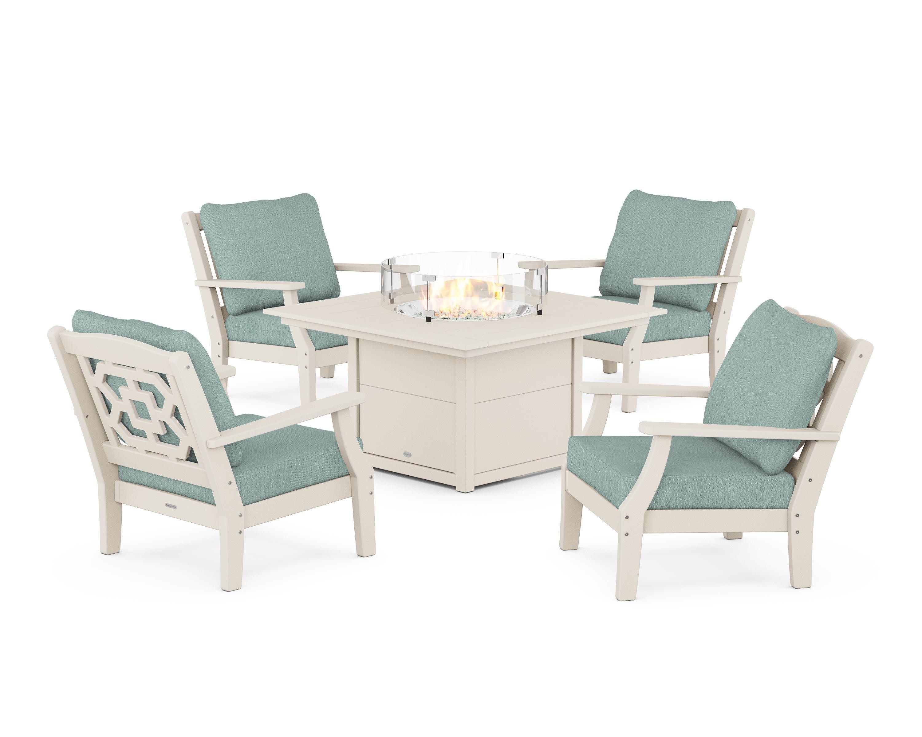Chinoiserie 5-Piece Deep Seating Set with Fire Pit Table in Sand / Glacier Spa