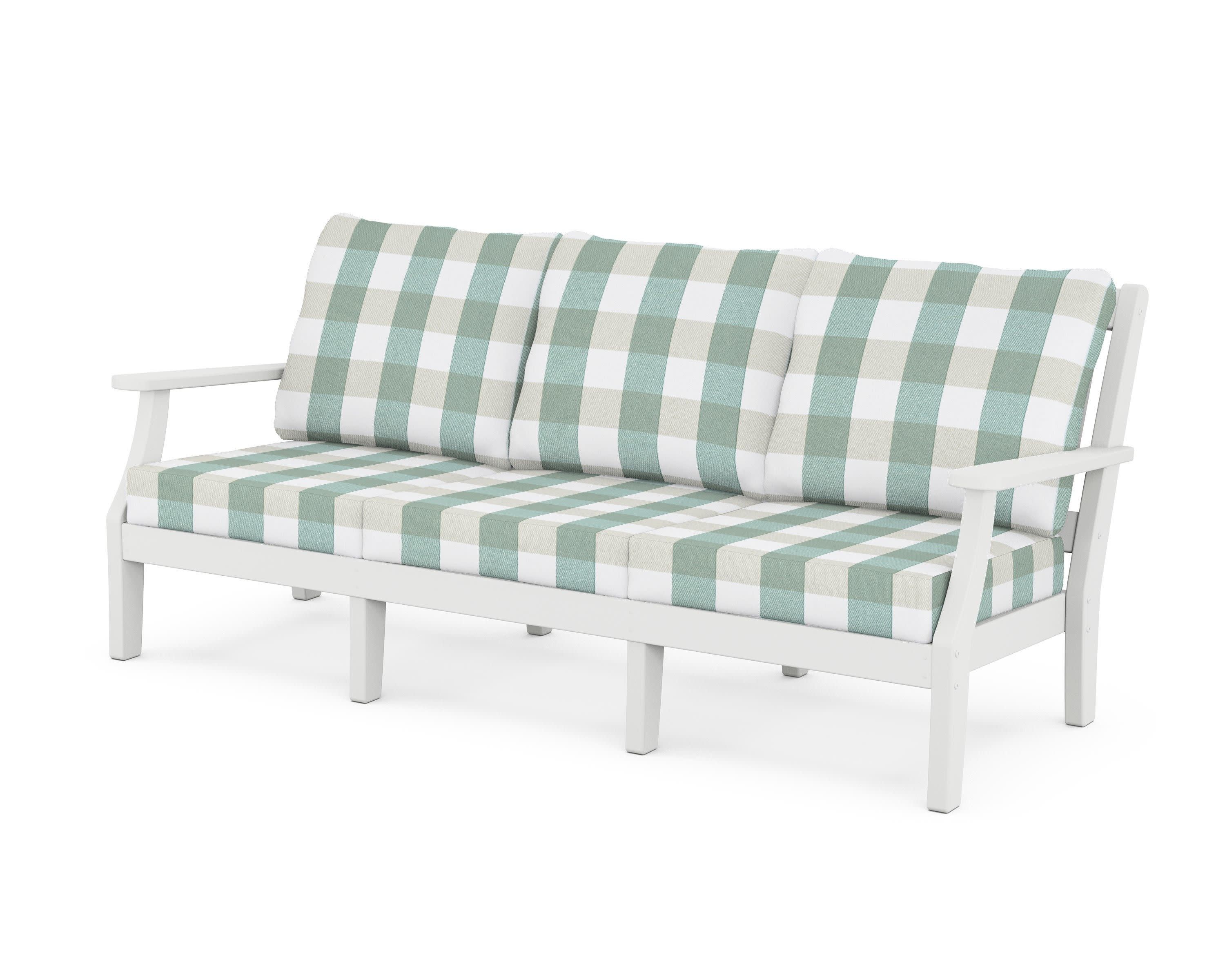Chinoiserie Deep Seating Sofa in White / Buffalo Plaid Glacier Spa