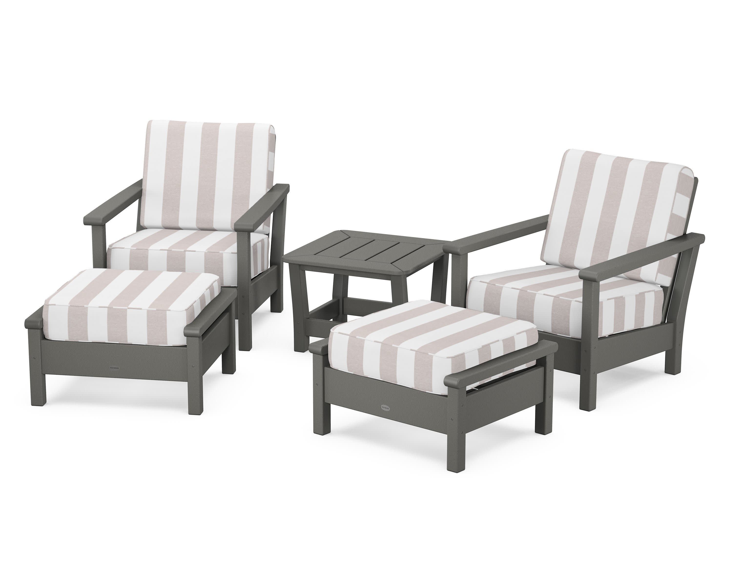 Harbour 5-Piece Deep Seating Chair Set in Slate Grey / Cabana Stripe Dune Burlap