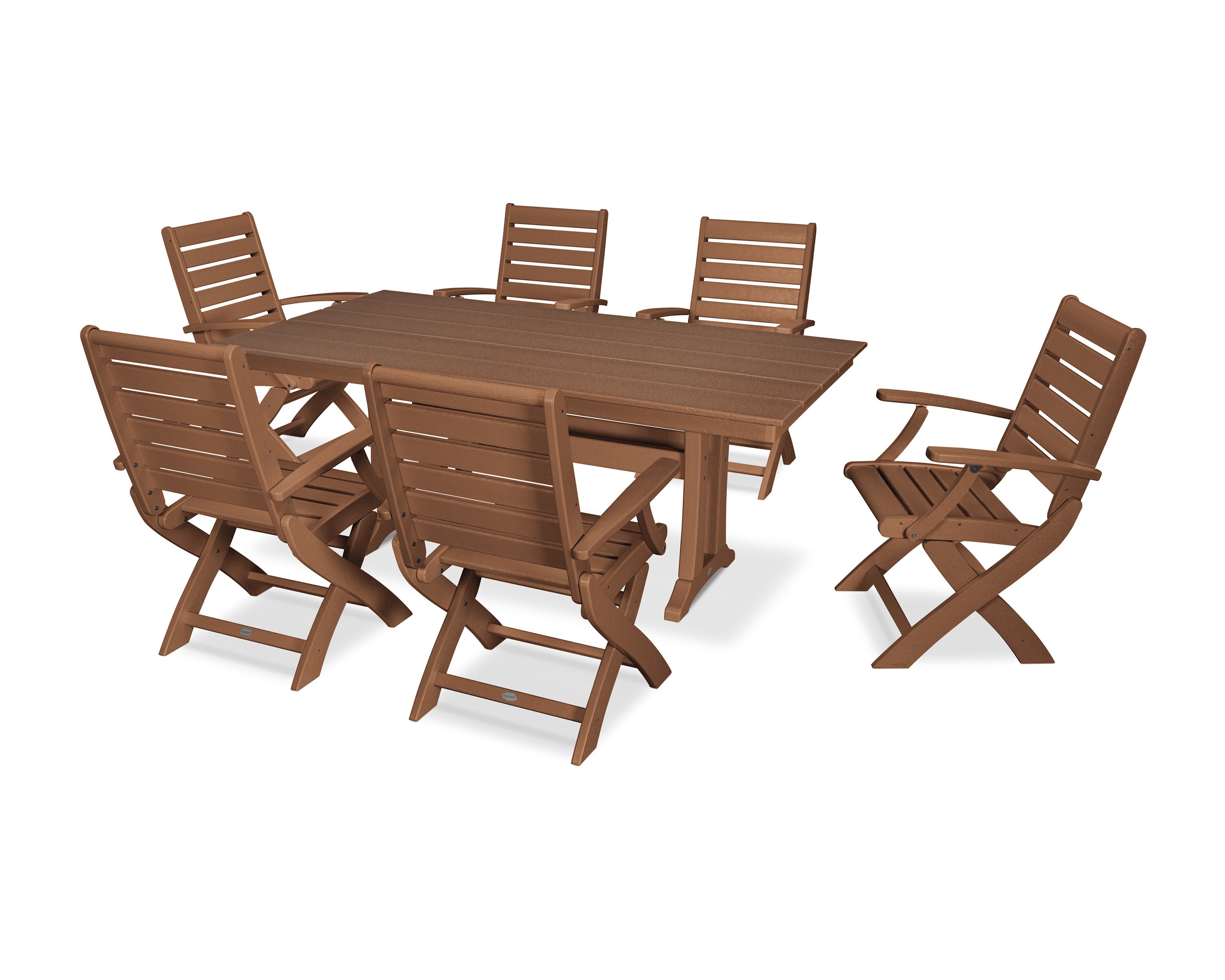 Signature Folding Chair 7-Piece Farmhouse Dining Set with Trestle Legs in Teak