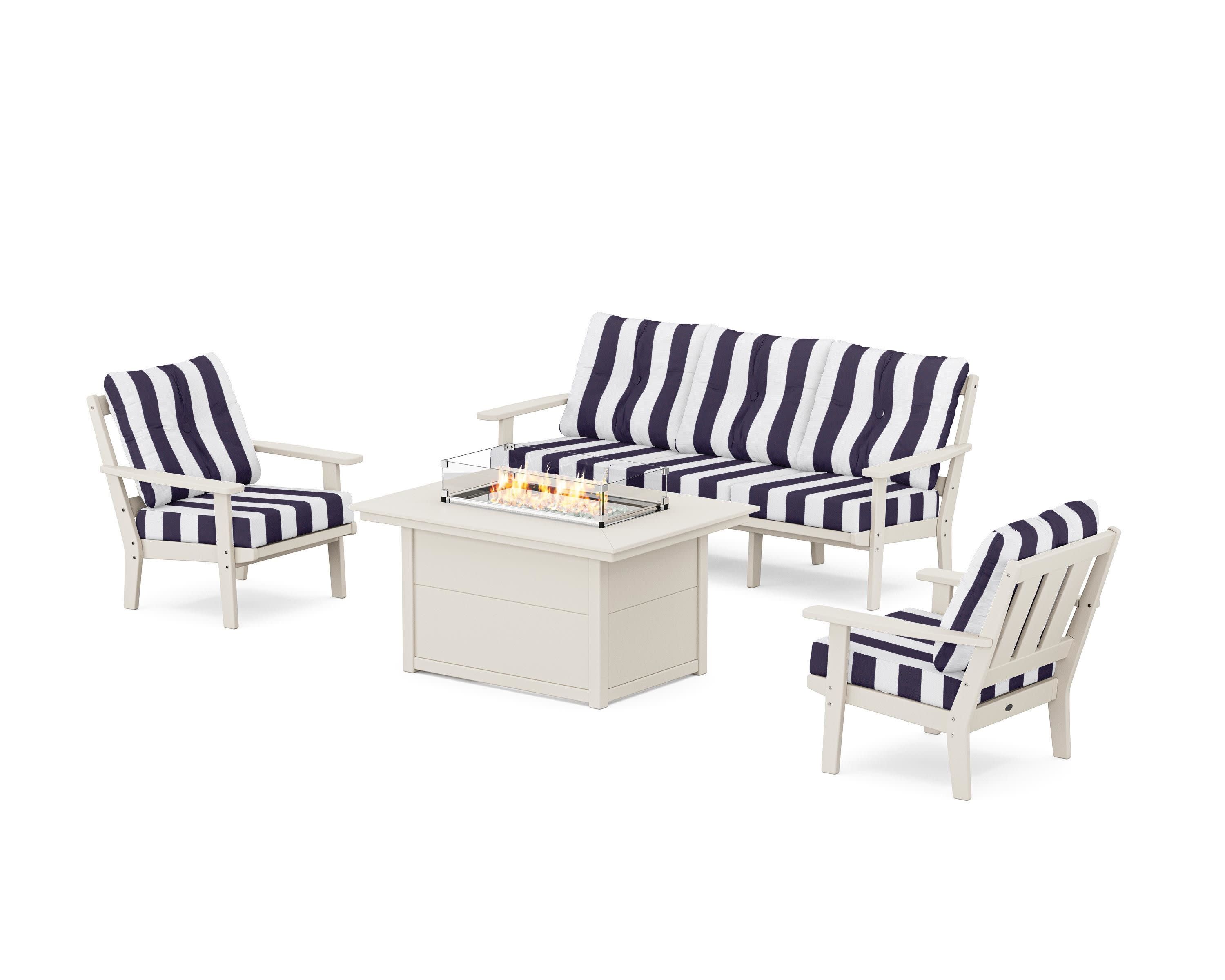 Oxford Deep Seating Fire Pit Table Set in Sand / Cabana Stripe Navy