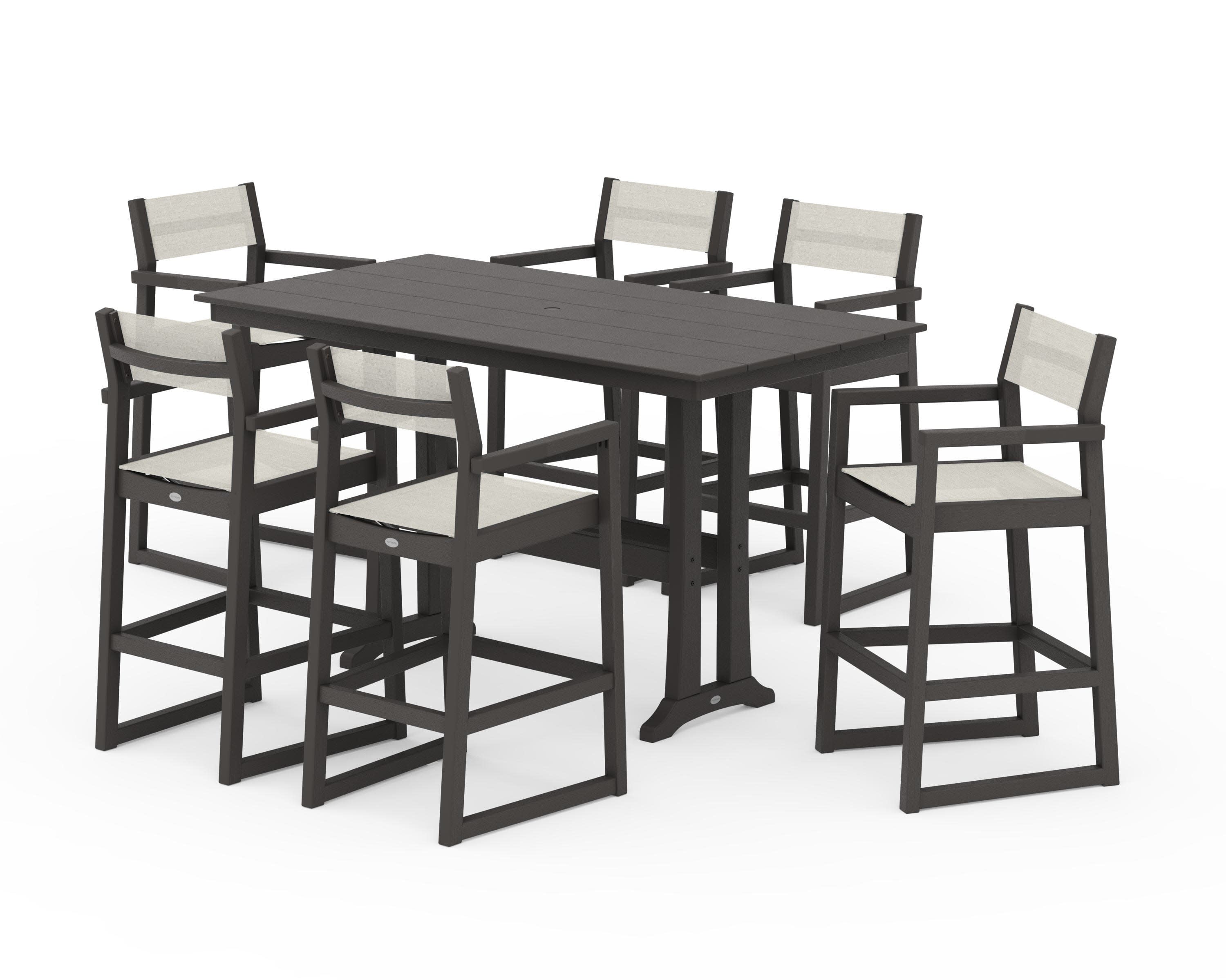 EDGE Sling Arm Chair 7-Piece Farmhouse Bar Set with Trestle Legs in Vintage Coffee / Parchment Sling