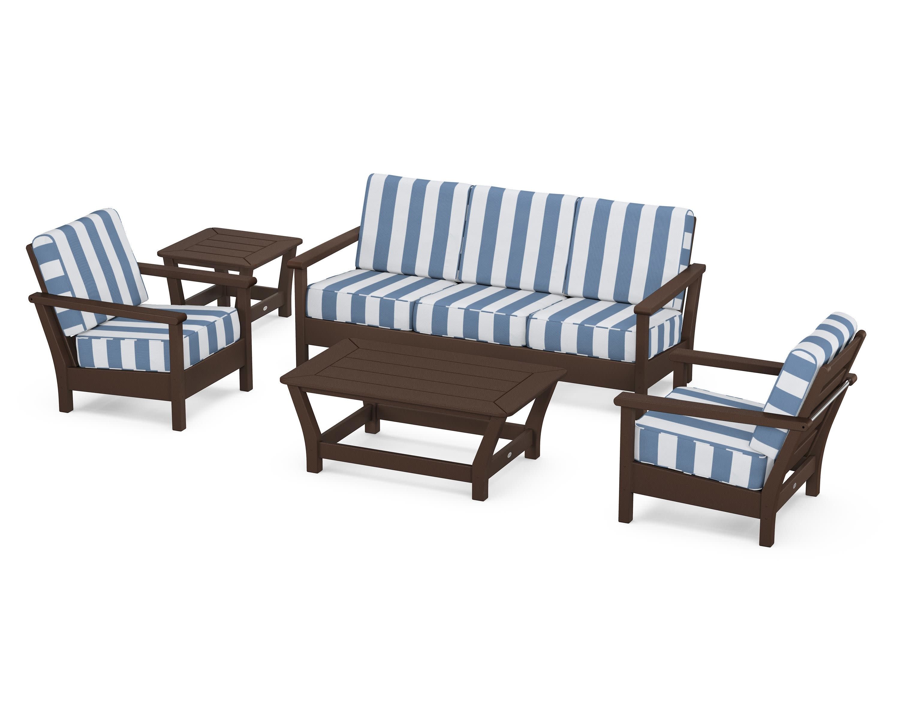 Harbour 5-Piece Deep Seating Set in Mahogany / Cabana Stripe Sky Blue