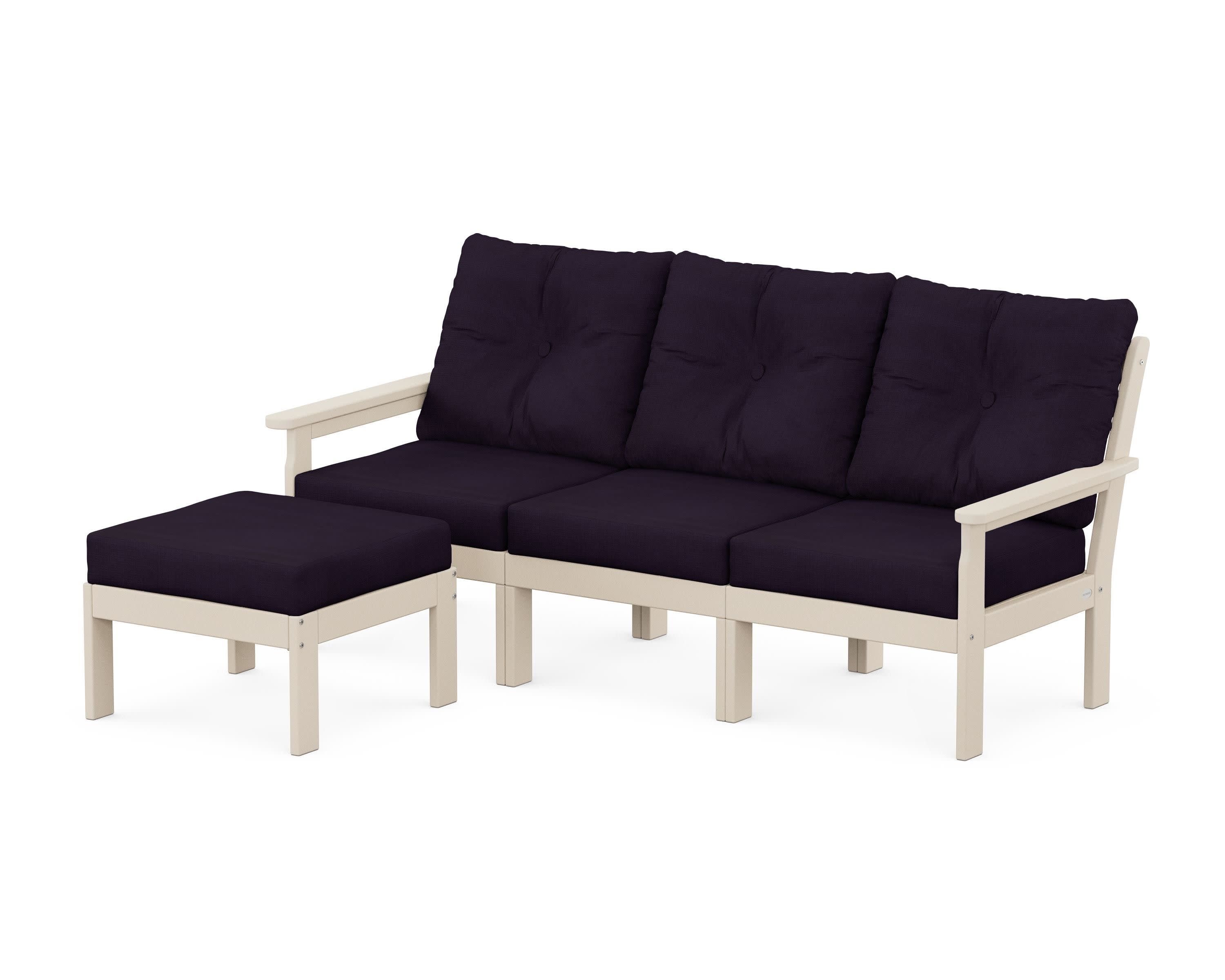 Vineyard 4-Piece Sectional with Ottoman in Sand / Navy Linen