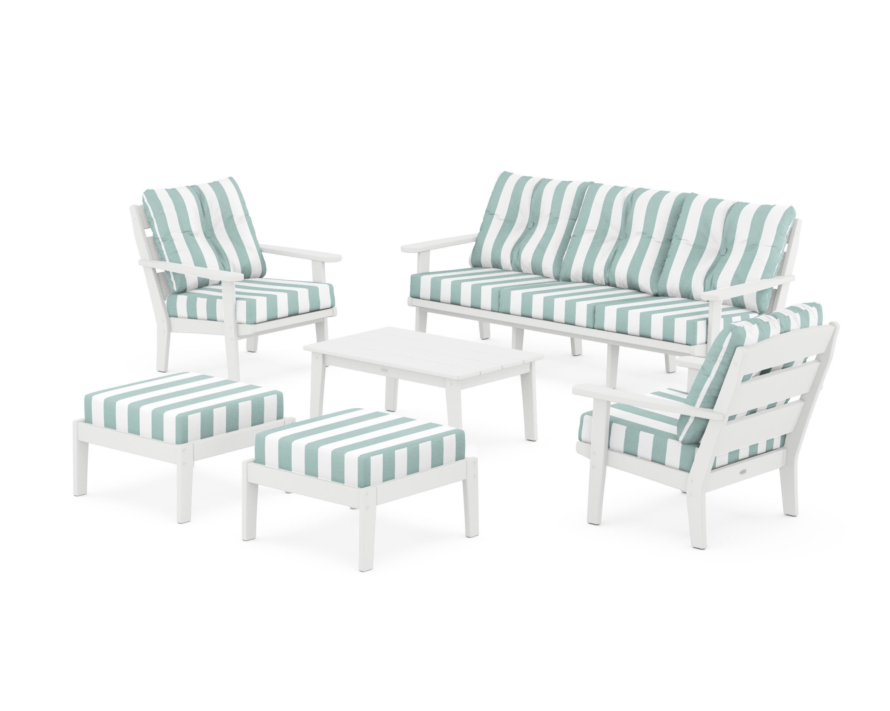 Lakeside 6-Piece Lounge Sofa Set in White / Cabana Stripe Glacier Spa