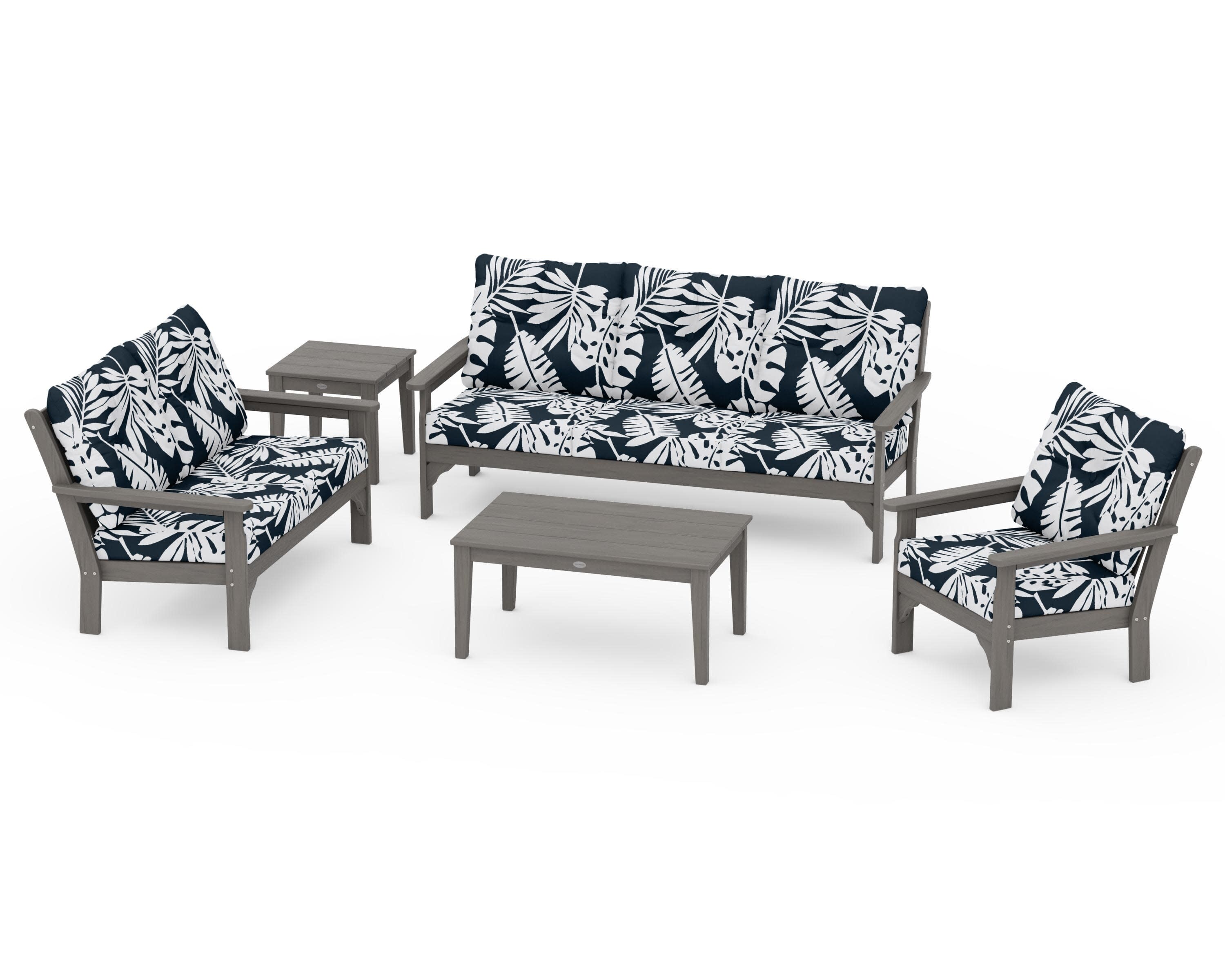 Vineyard 5 Piece Deep Seating Set in Driftwood / Leaf Marine Indigo