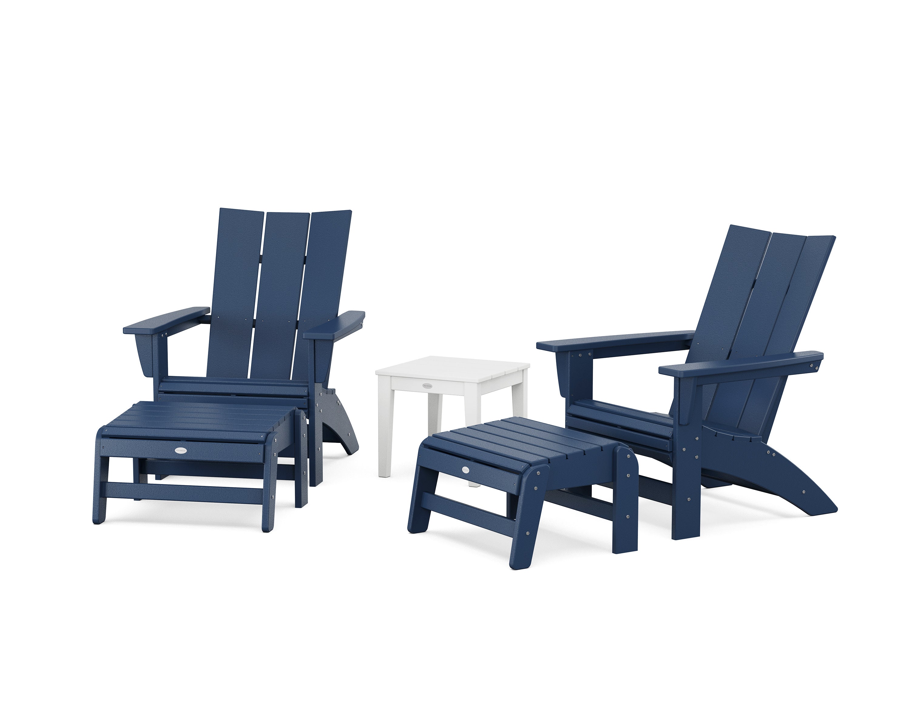 5-Piece Modern Grand Adirondack Set with Ottomans and Side Table in Navy / White