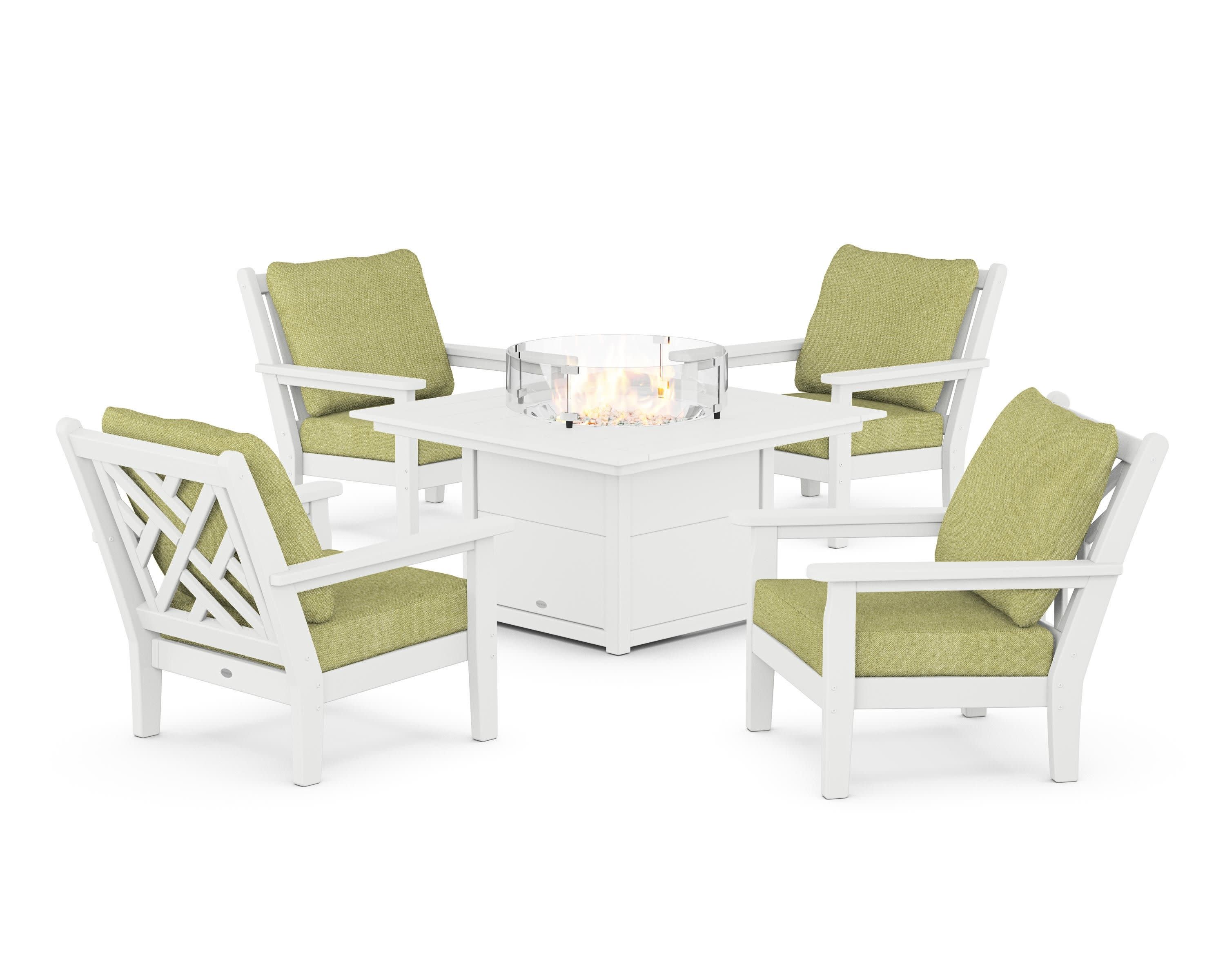 Chippendale 5-Piece Deep Seating Set with Fire Pit Table in White / Chartreuse Boucle