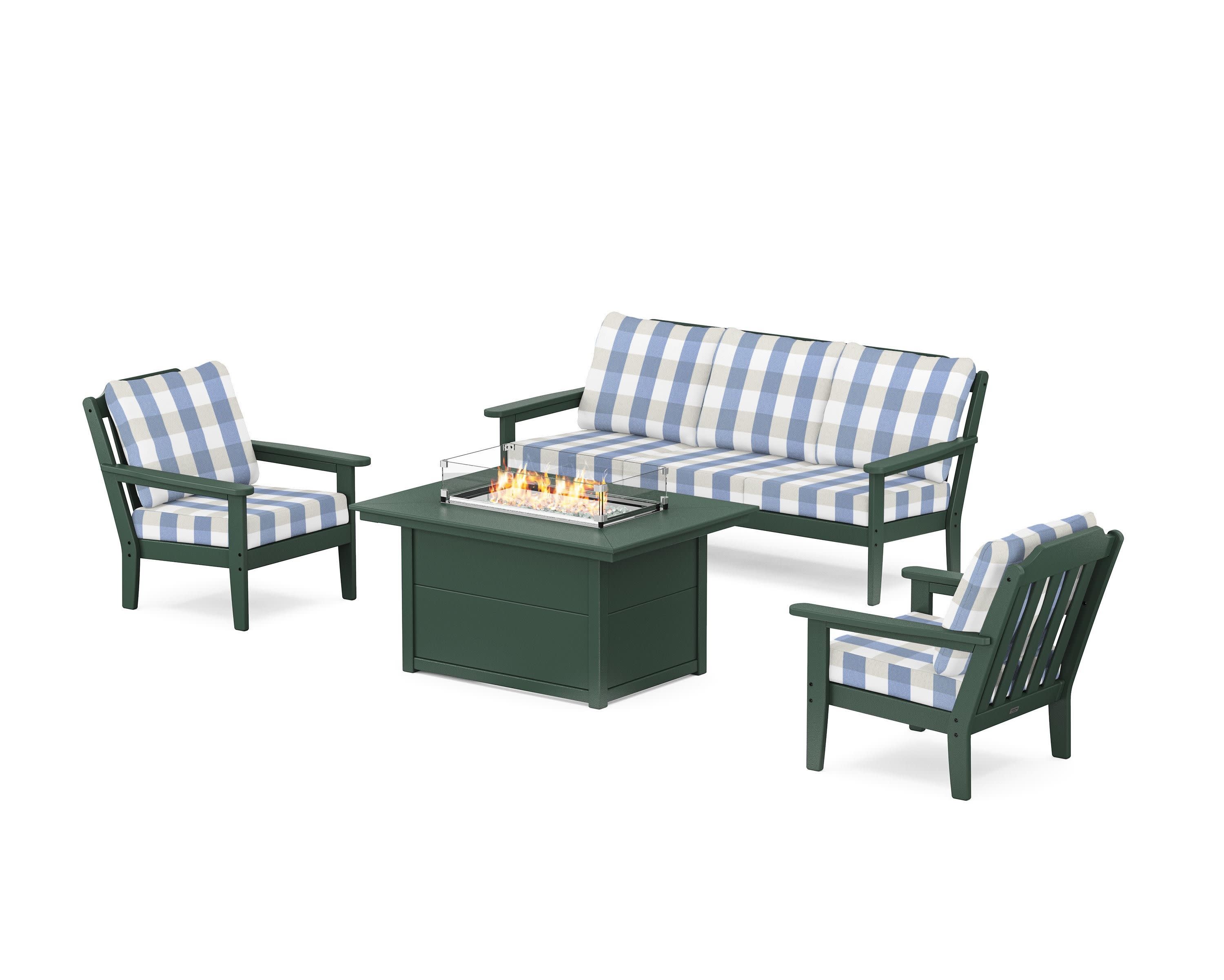 Cottage Deep Seating Fire Pit Table Set in Green / Buffalo Plaid Sky Blue