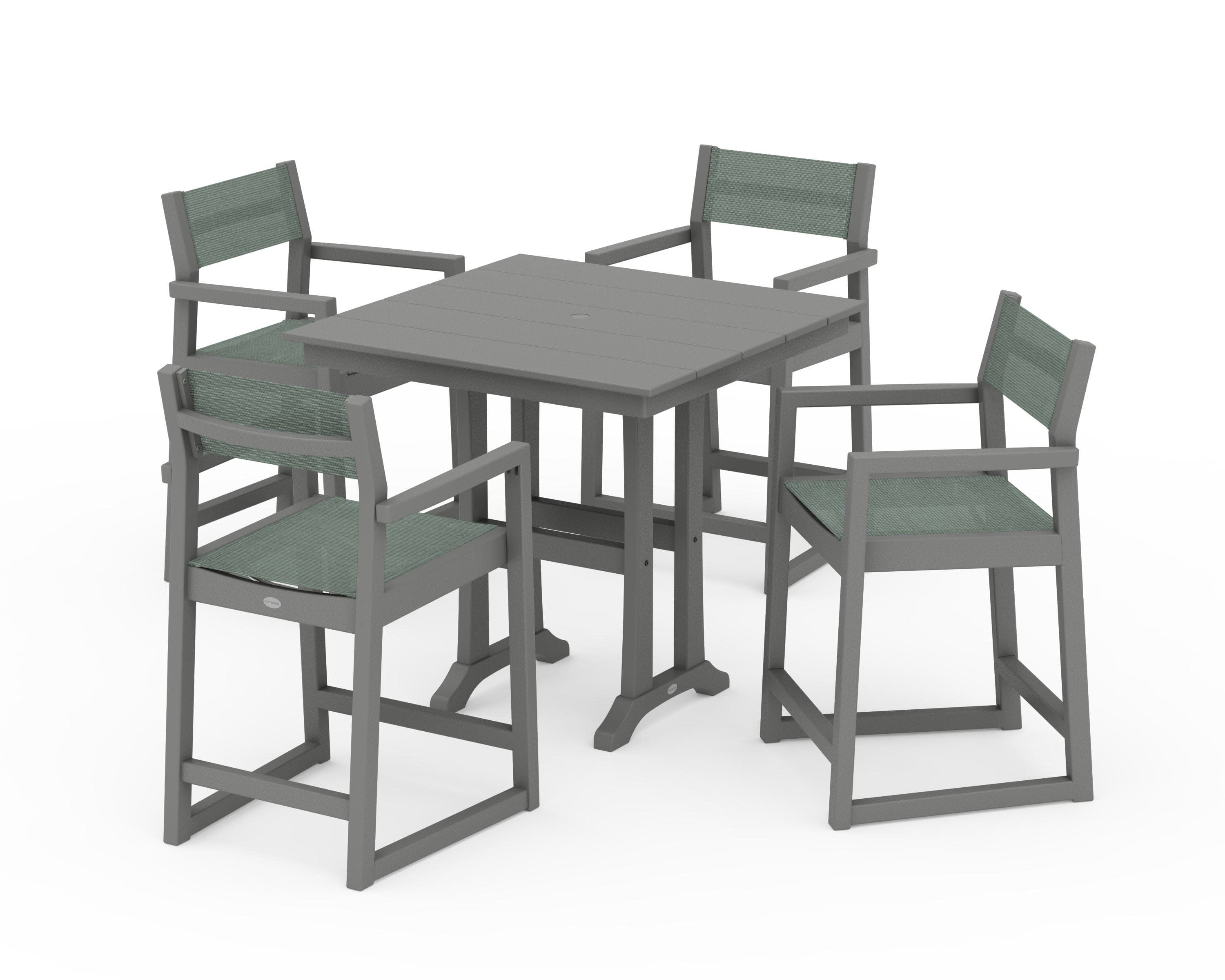 EDGE Sling Arm Chair 5-Piece Farmhouse Counter Set with Trestle Legs in Slate Grey / Dupioni Sea Mist Sling