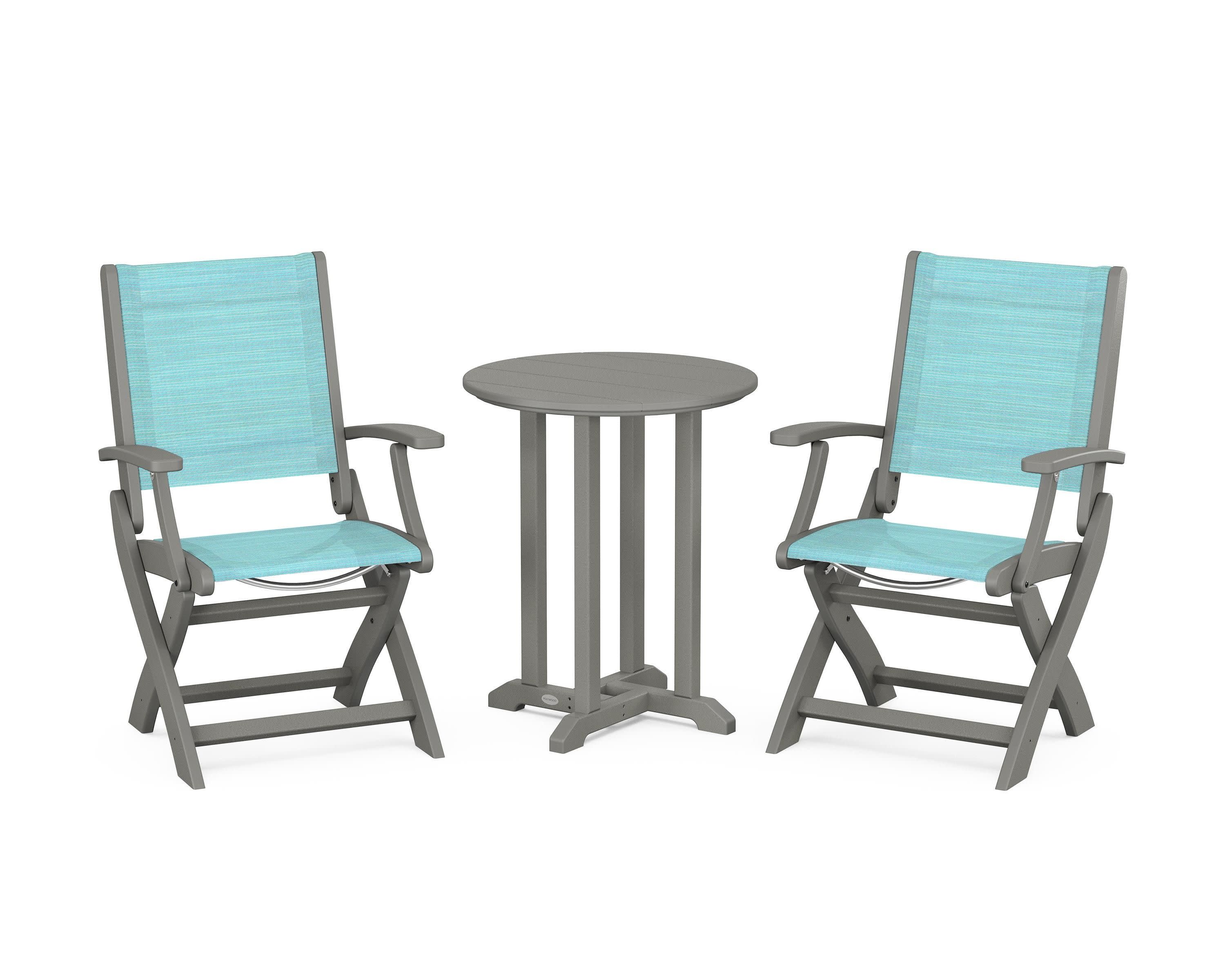 Coastal Folding 3-Piece Round Bistro Dining Set in Slate Grey / Dupioni Aquamarine Sling