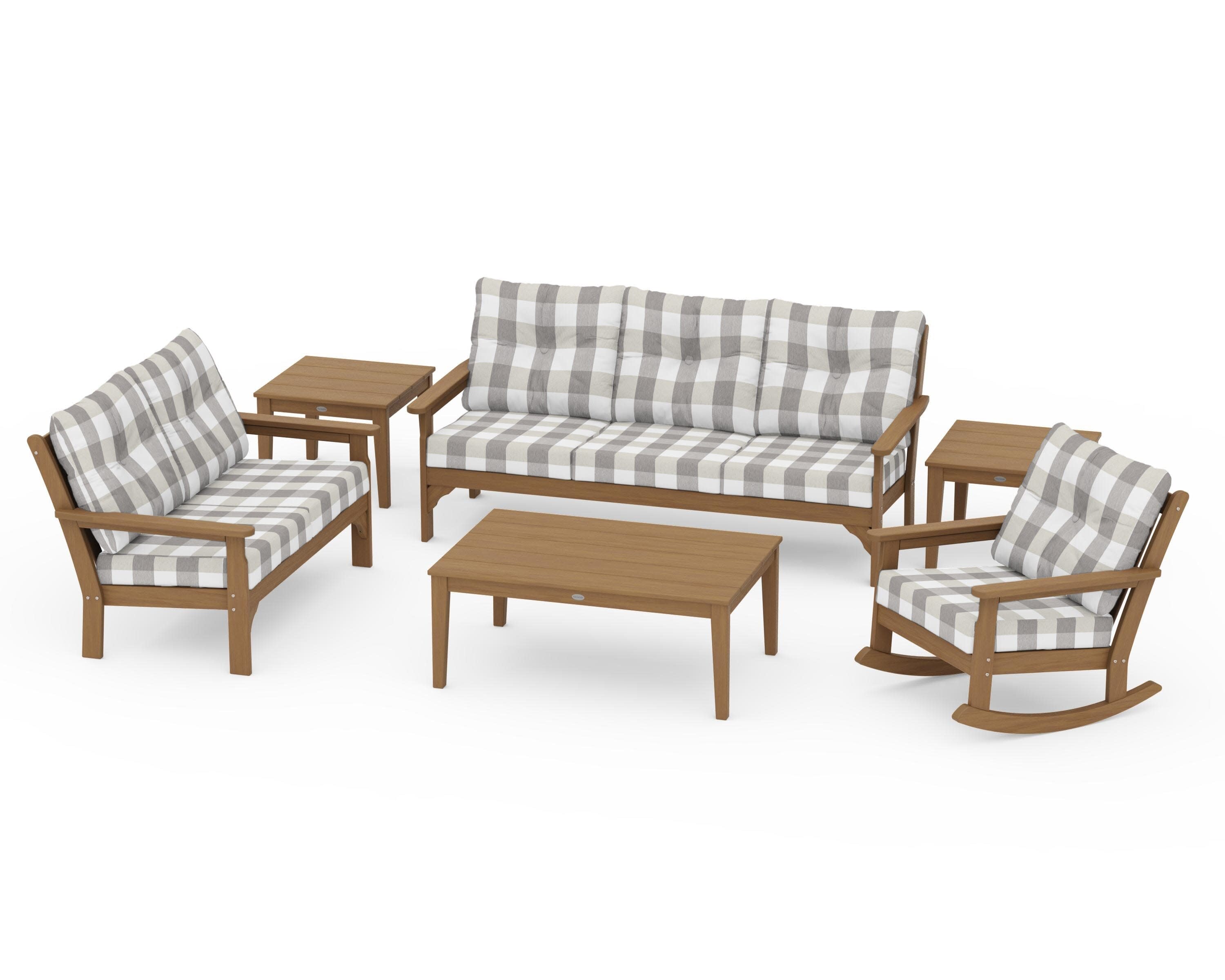 Vineyard 6-Piece Deep Seating Set in Natural / Buffalo Plaid Grey Mist