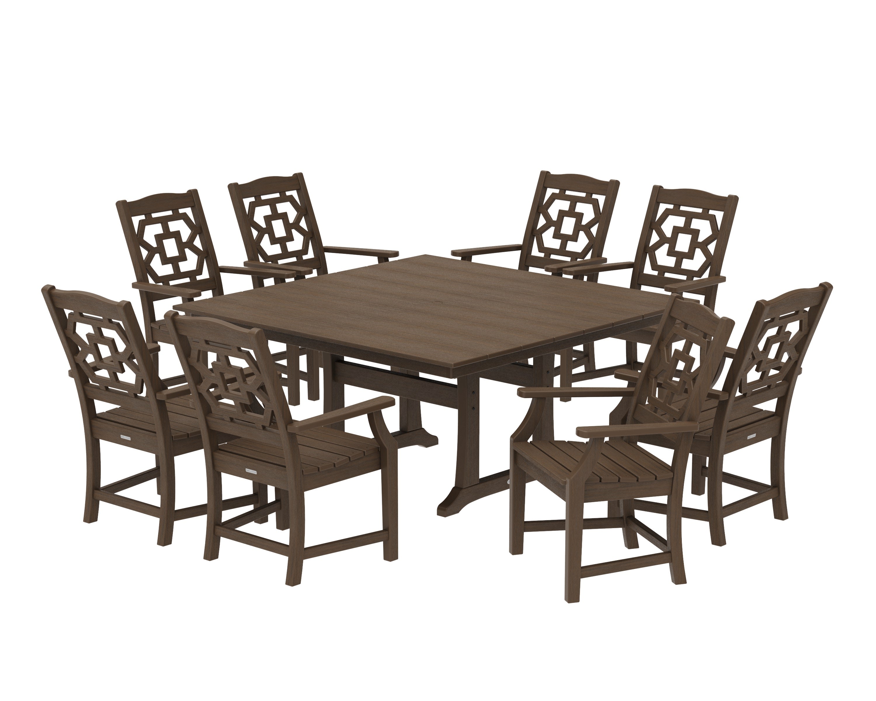 Chinoiserie 9-Piece Square Farmhouse Dining Set with Trestle Legs in Kona