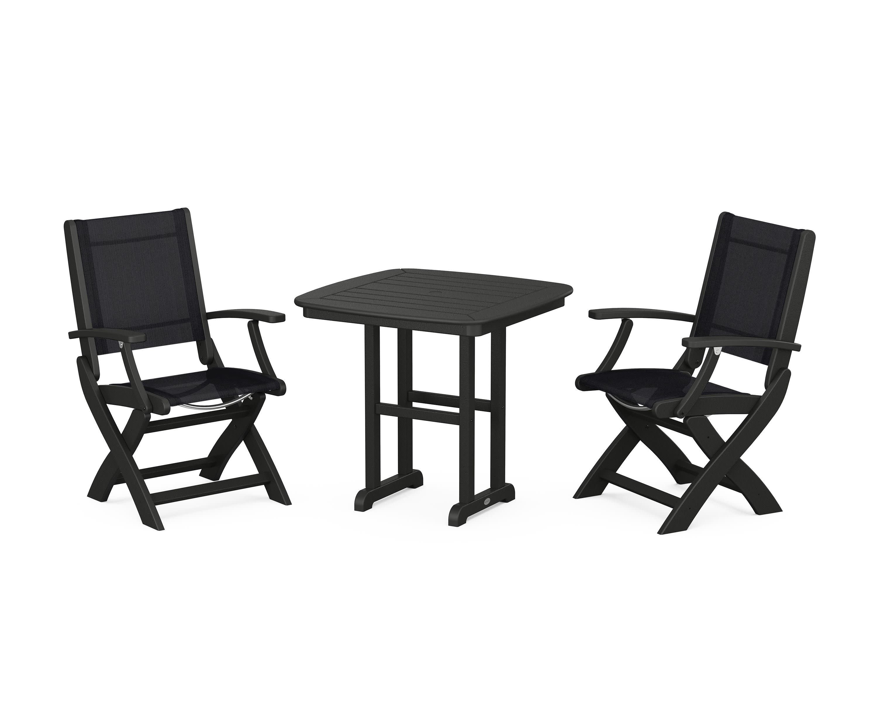 Coastal Folding Chair 3-Piece Dining Set in Black / Black Sling