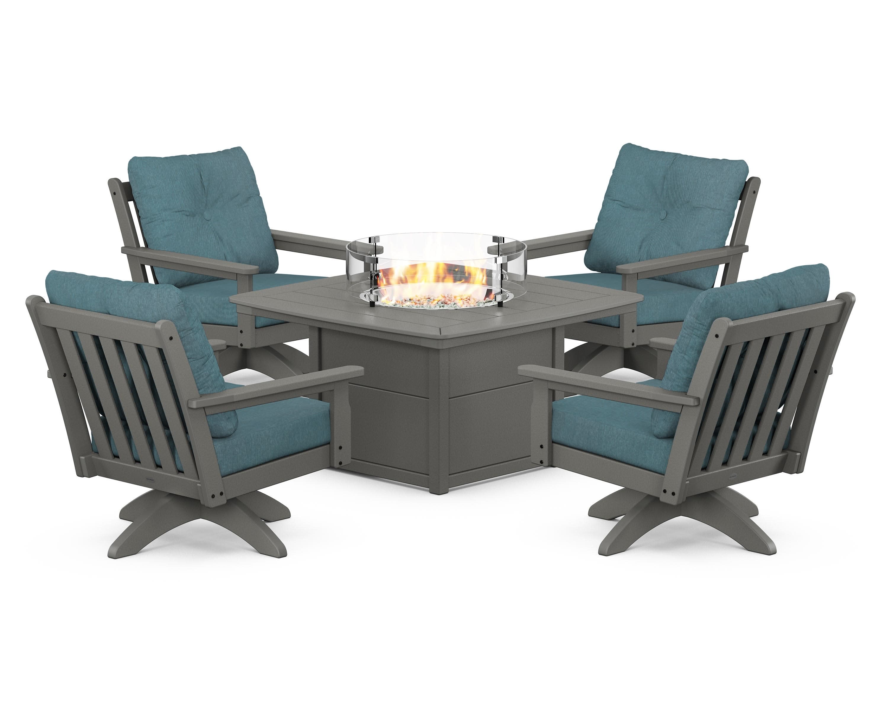 Vineyard 5-Piece Deep Seating Swivel Conversation Set with Fire Pit Table in Slate Grey / Ocean Teal