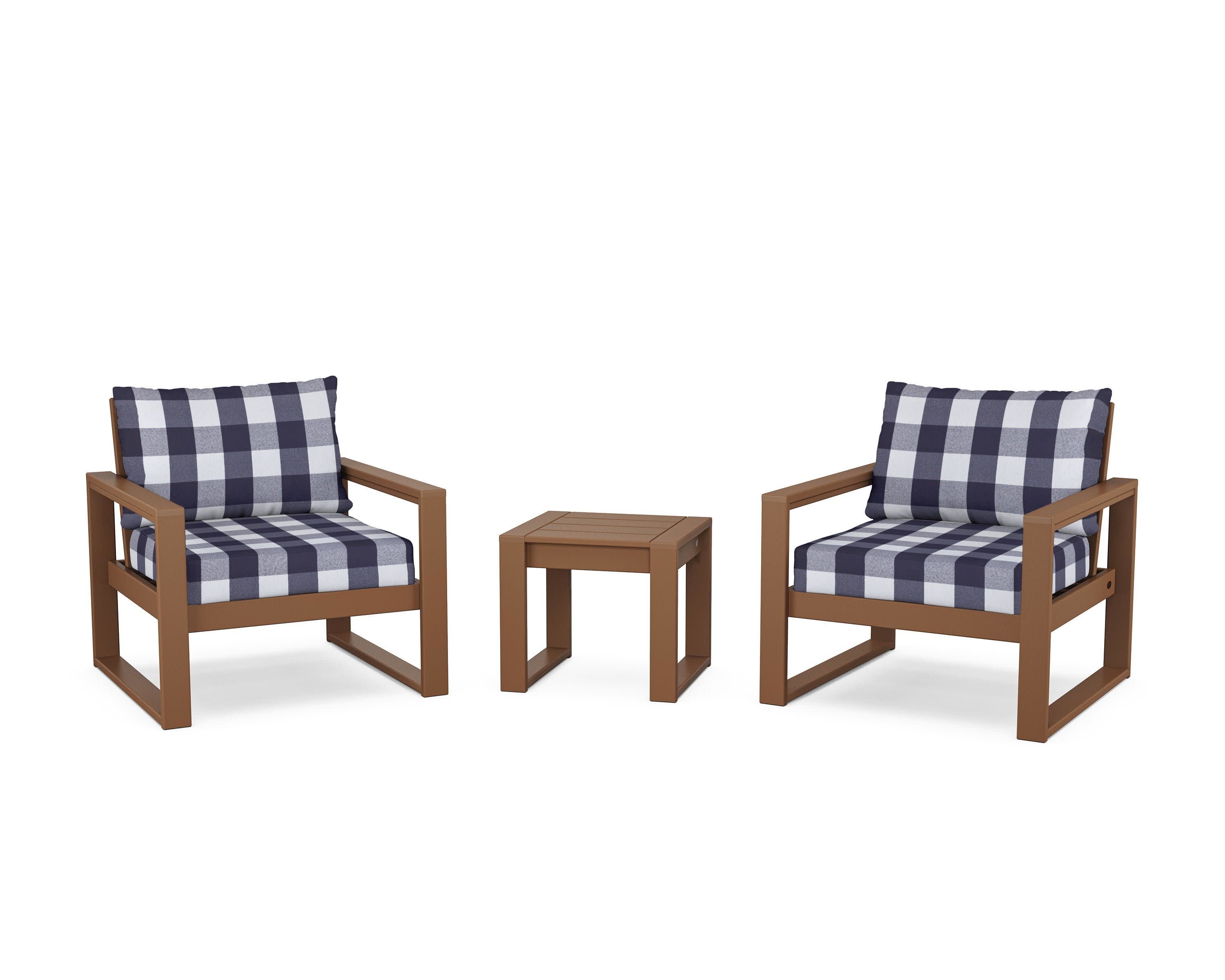 EDGE Sectional 3-Piece Deep Seating Set in Teak / Buffalo Plaid Navy